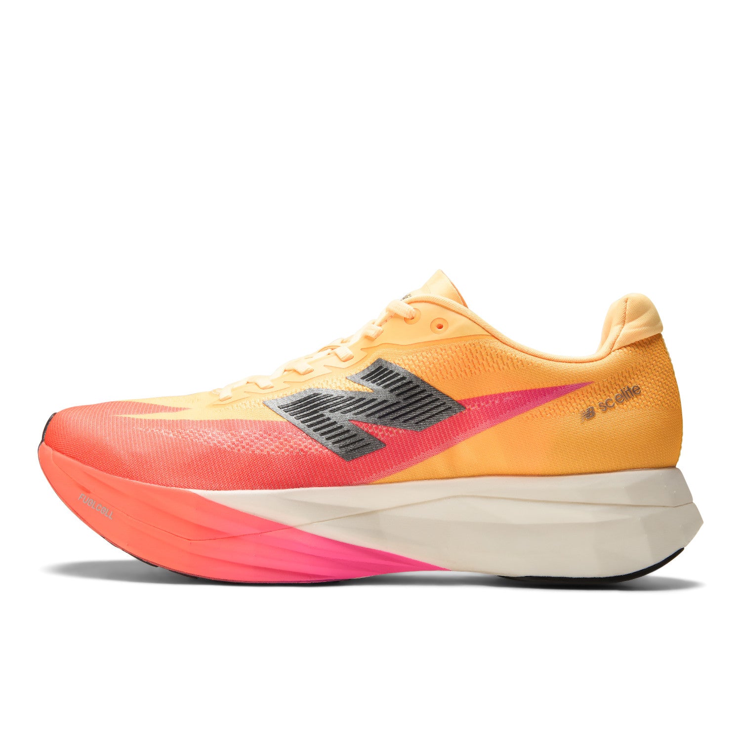 Orange and pink running shoe with a white sole on a white background