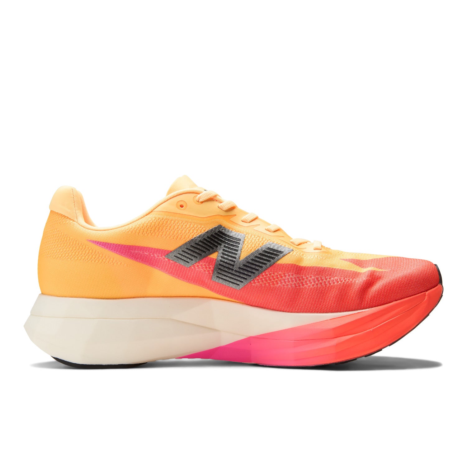 Yellow and red running shoe with a prominent brand logo on a white background
