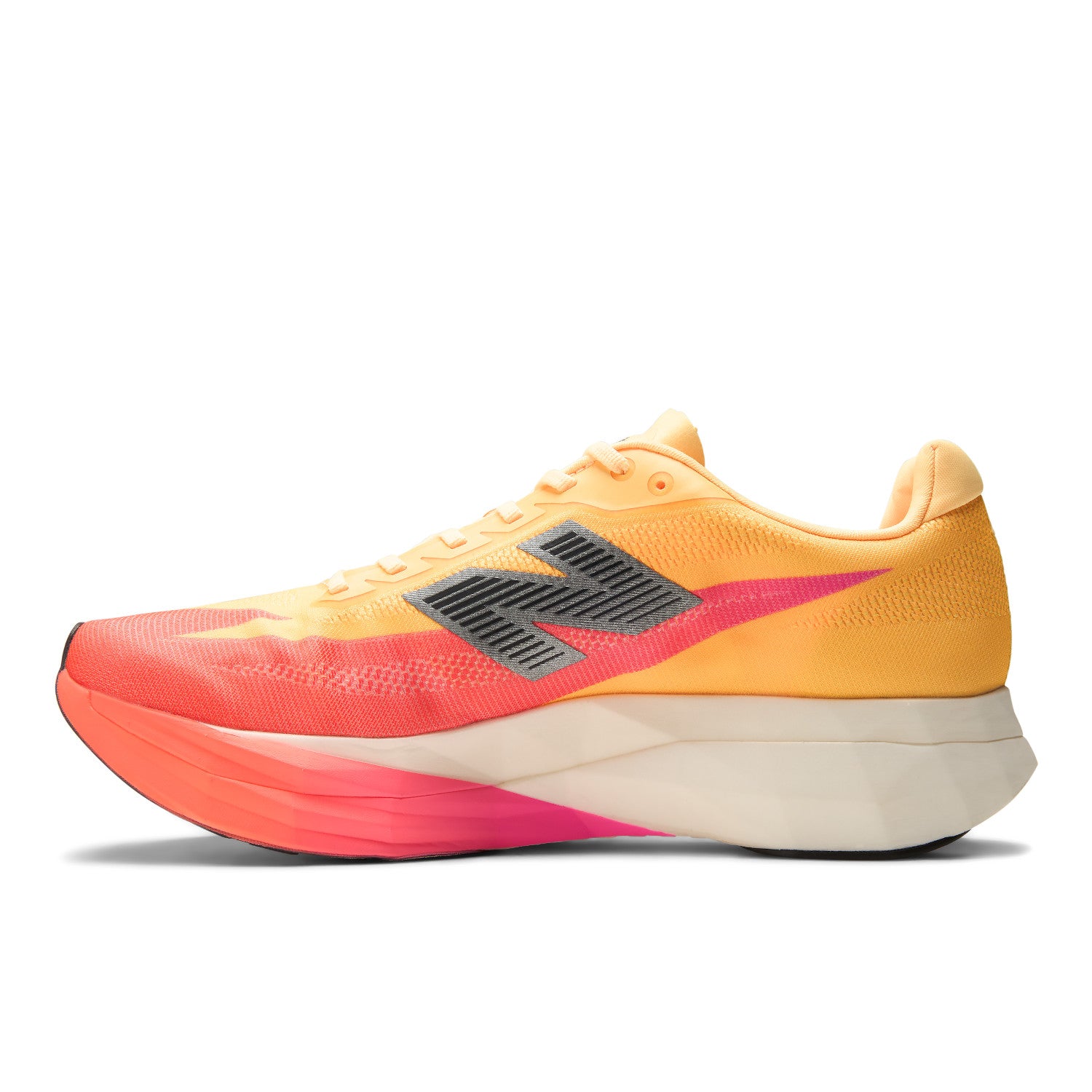 Orange and pink running shoe with New Balance logo on a white background