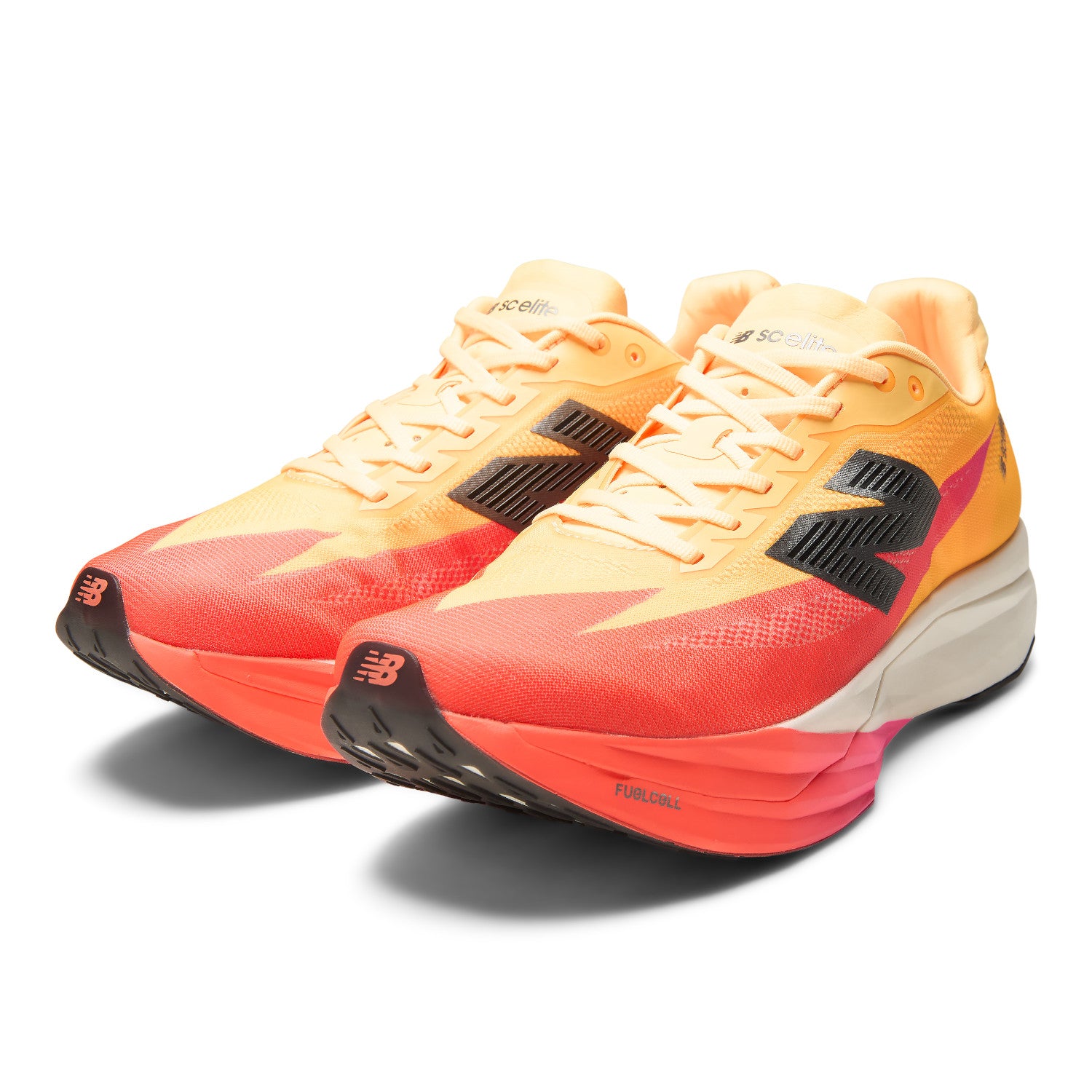Orange and red running shoes with black accents on a white background