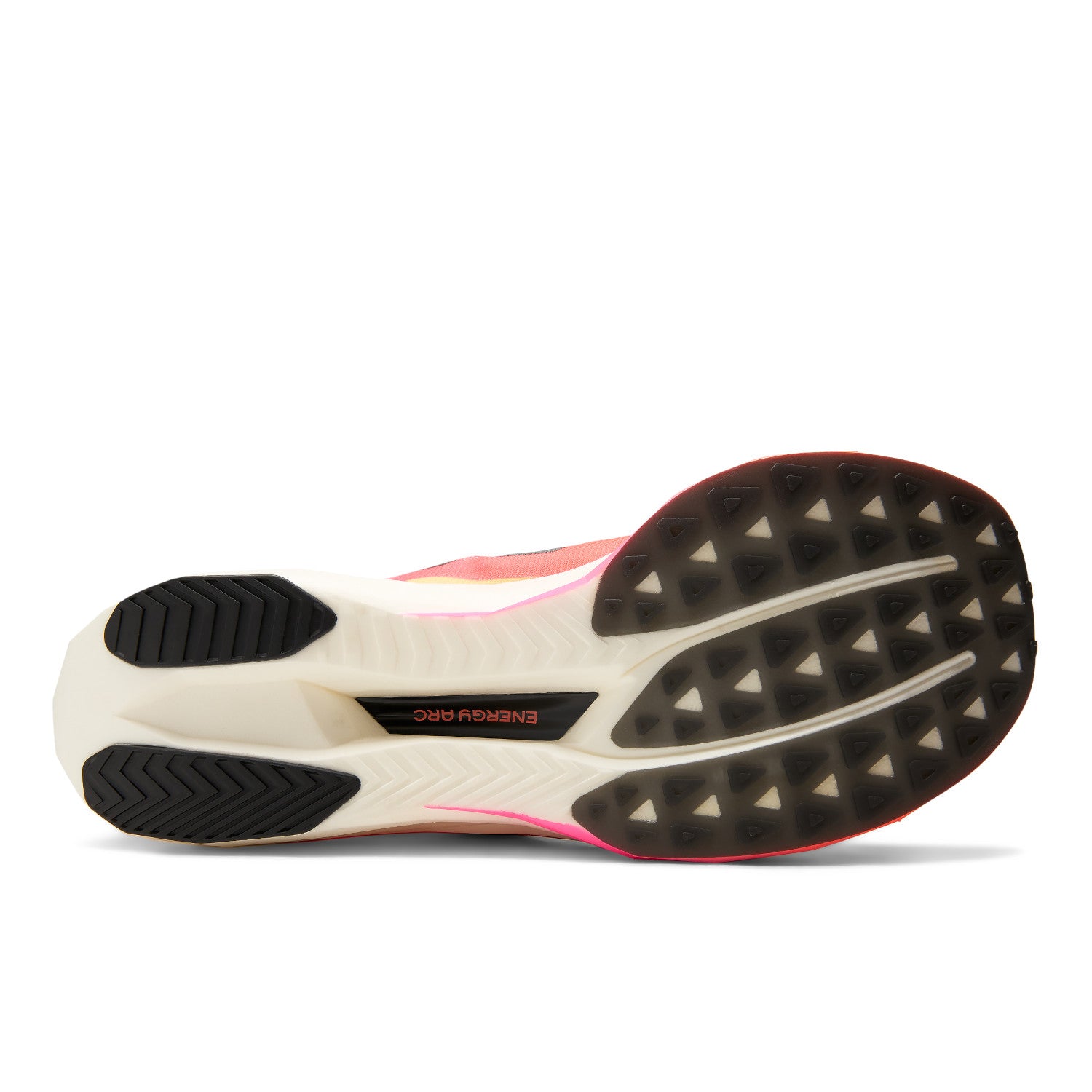 Sole of a running shoe with brand logo on a white background