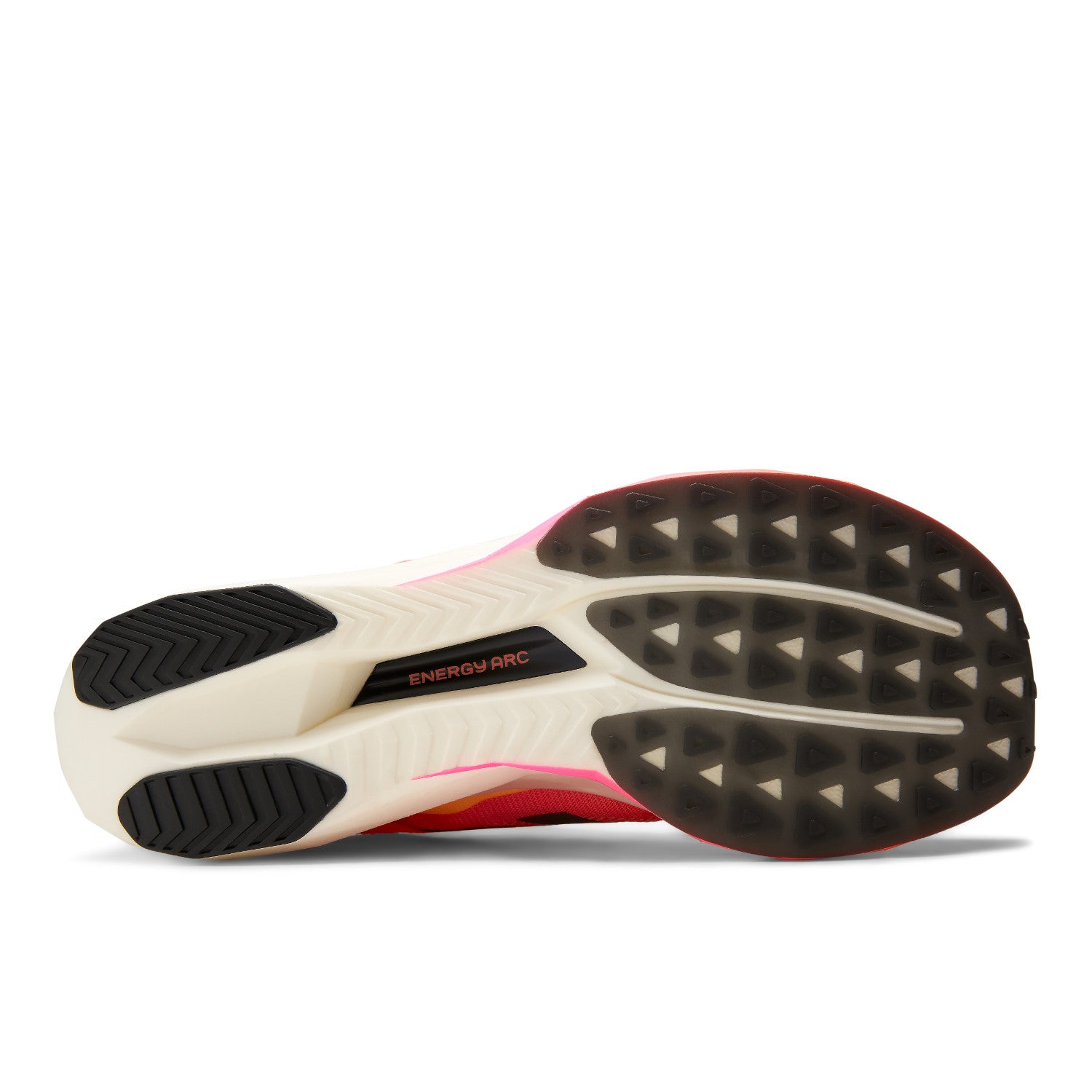 Sole of a running shoe with tread pattern and brand logo on a white background