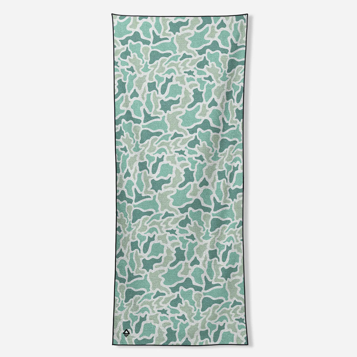 Towel with green and gray camouflage pattern on a white background