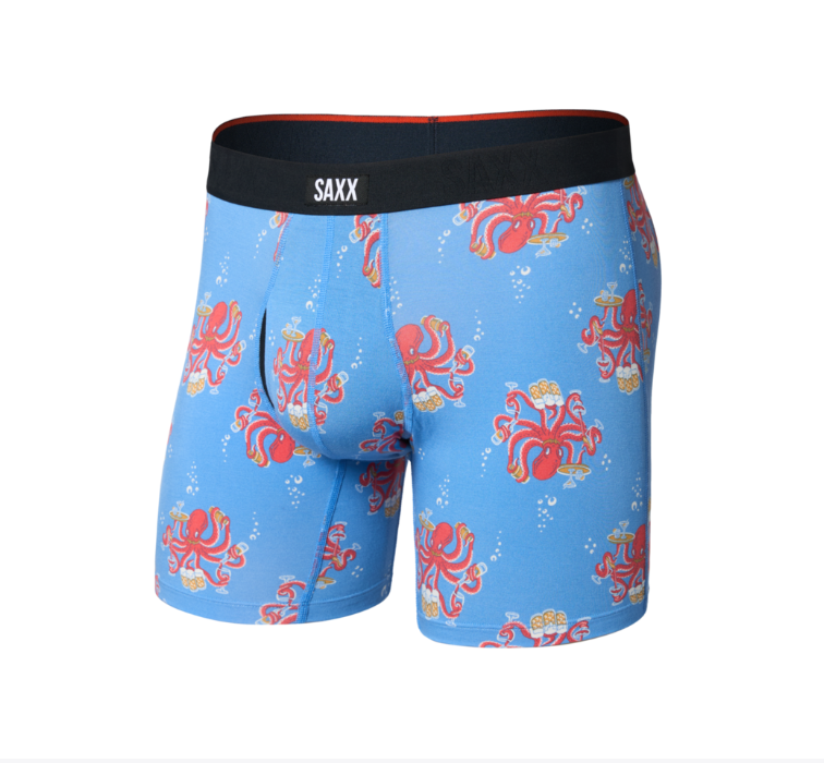 Blue boxer briefs with red octopus pattern and Saxx branding on a white background
