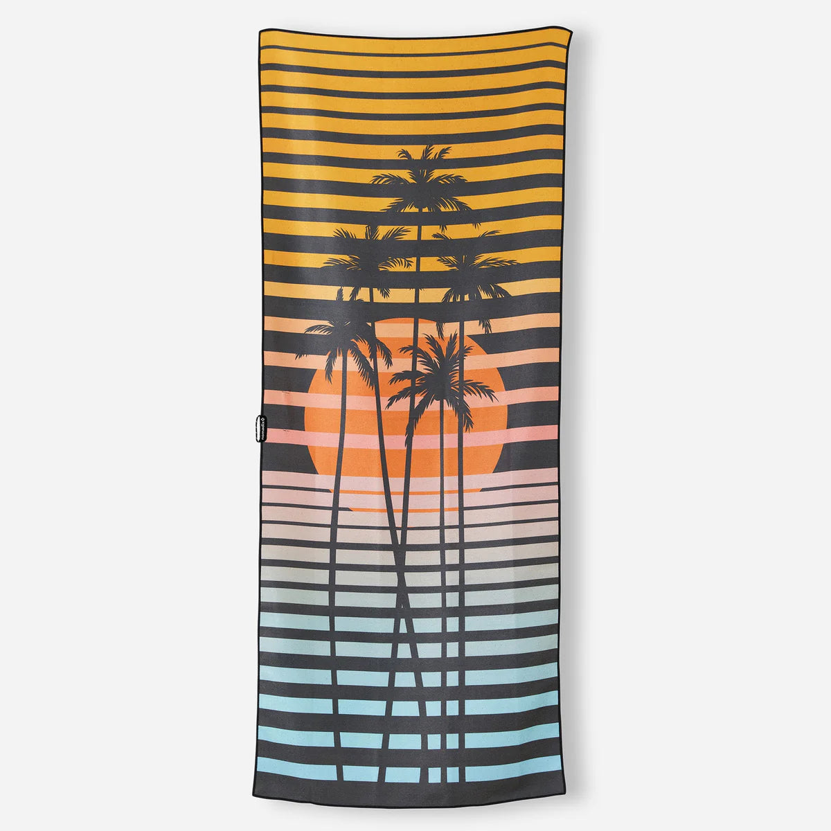 Towel with palm tree and sunset design on a striped background