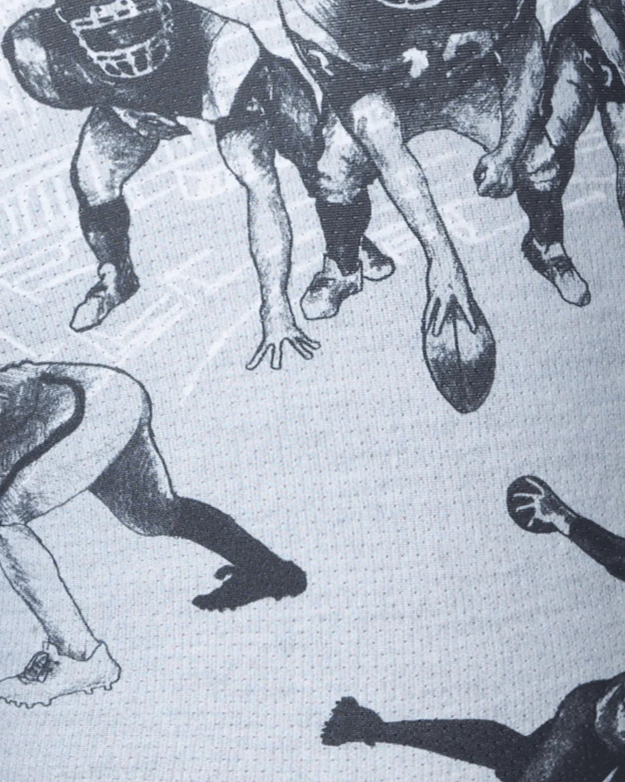 Black and white illustration of football players in action on a textured background