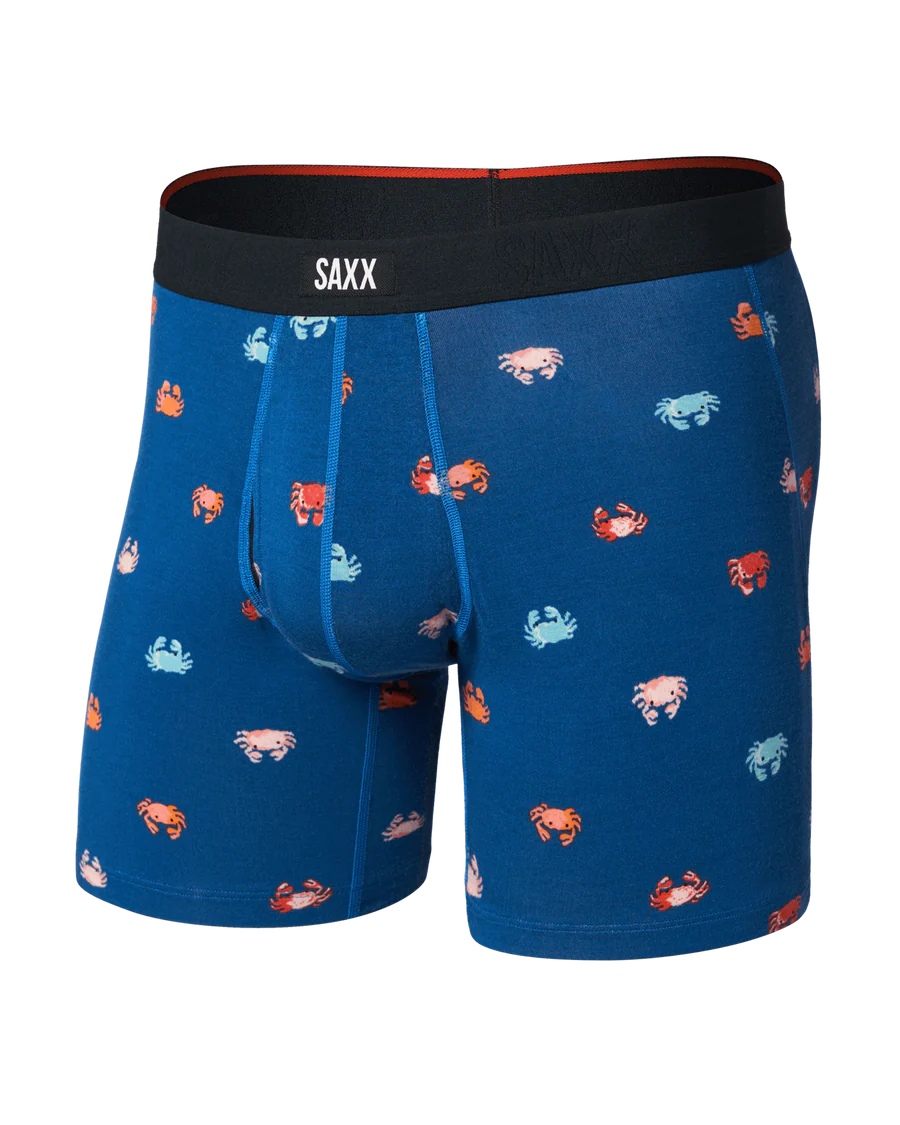 Blue boxer briefs with crab pattern and Saxx branding on a white background