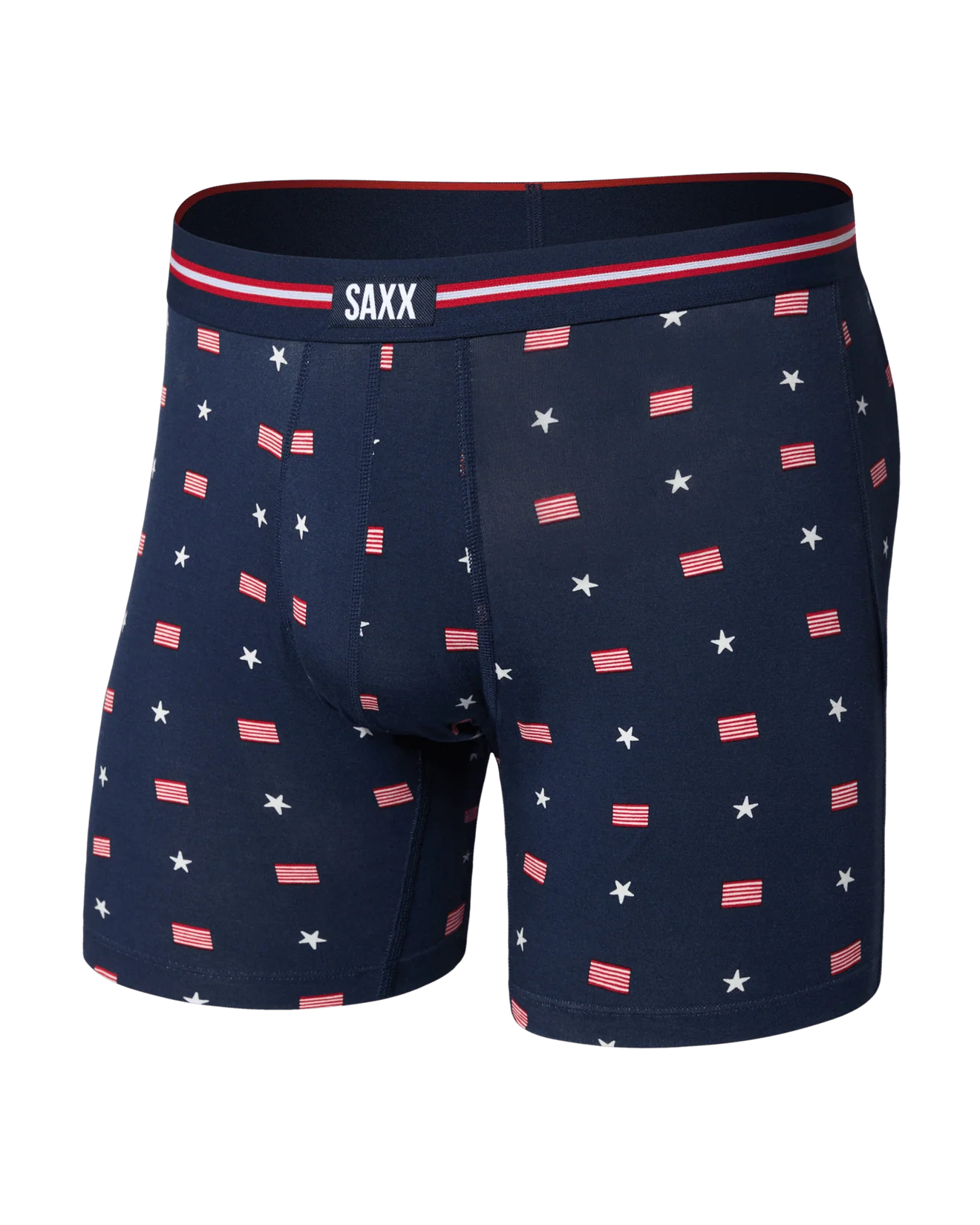 Navy boxer briefs with American flag pattern and SAXX branding on a white background