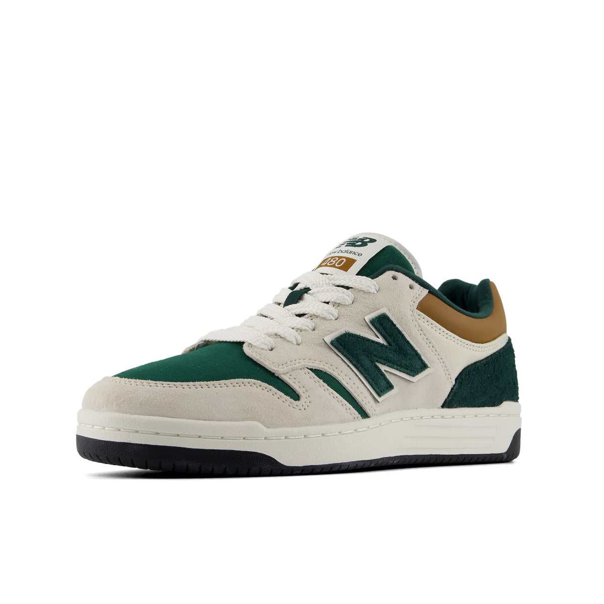 A New Balance sneaker in cream, forest green, and tan, shown from a side profile on a white background.