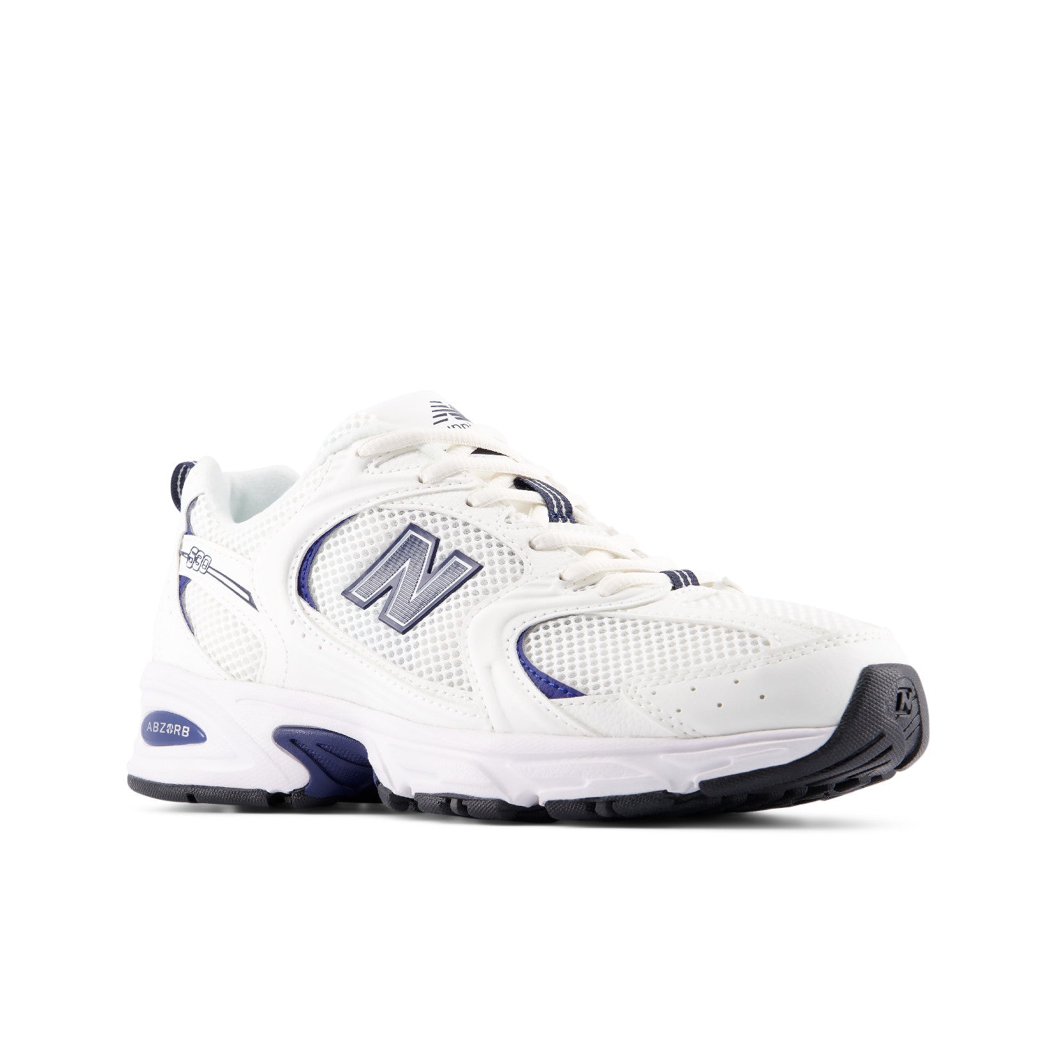 White sneaker with blue accents on a white background