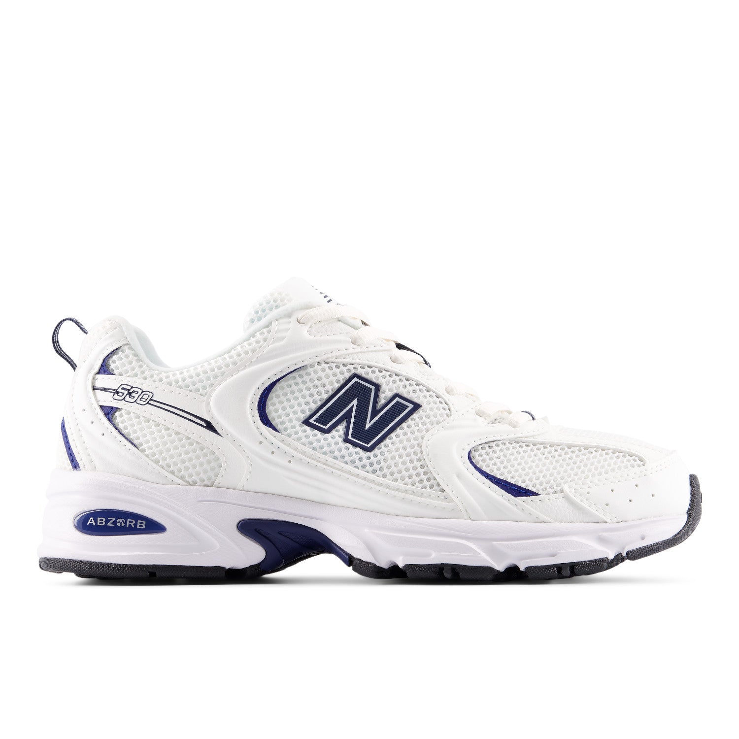 White athletic shoe with blue accents on a white background