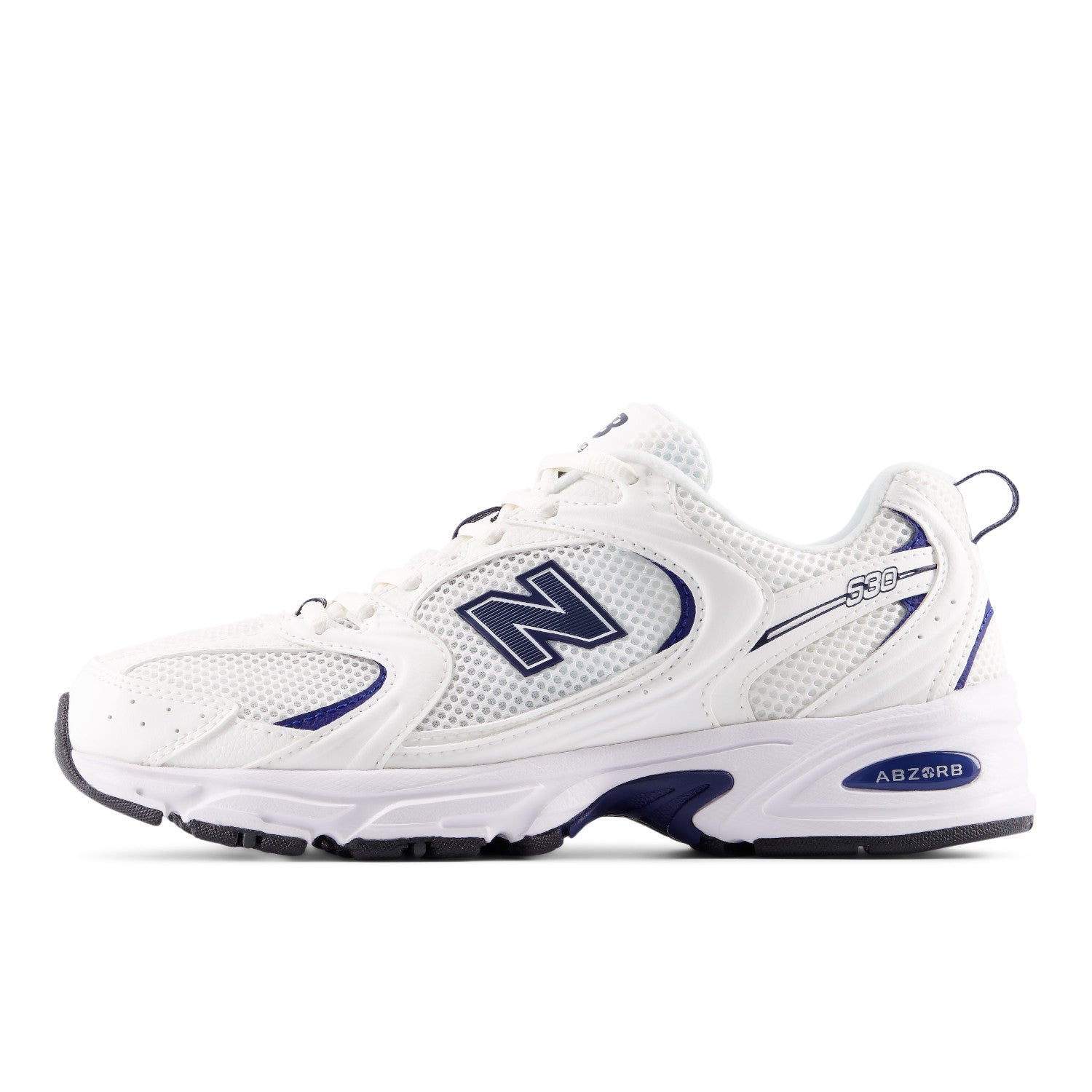 White athletic shoe with blue accents on a white background
