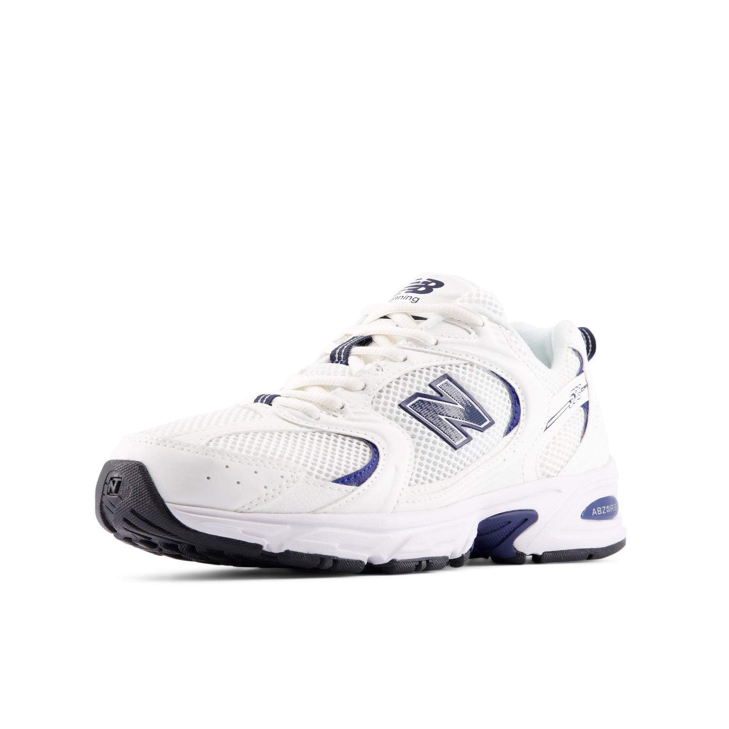 White sneaker with blue accents on a white background