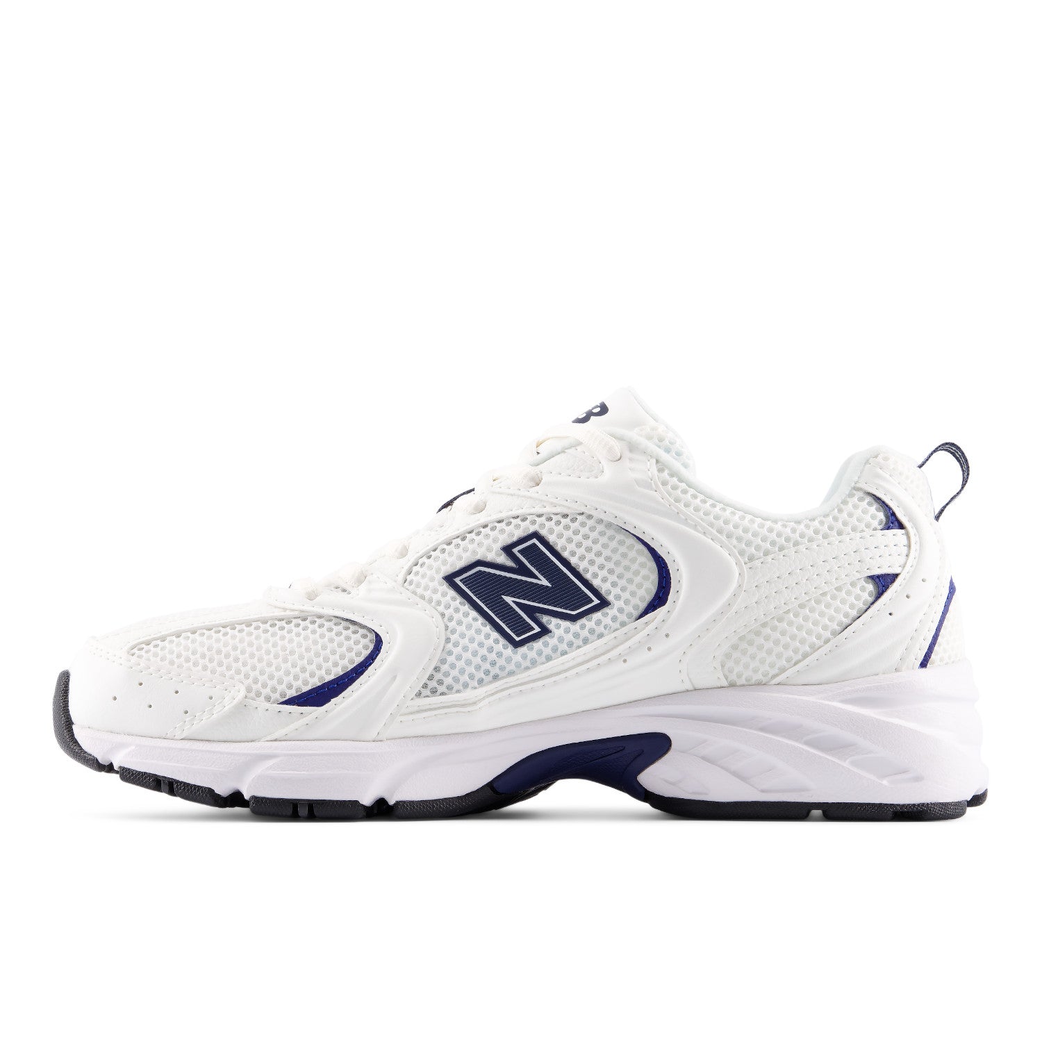 White athletic shoe with blue accents on a white background