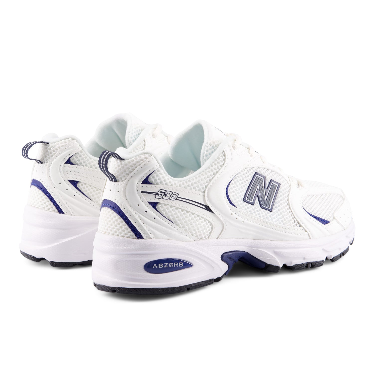 White sneakers with blue accents on a white background