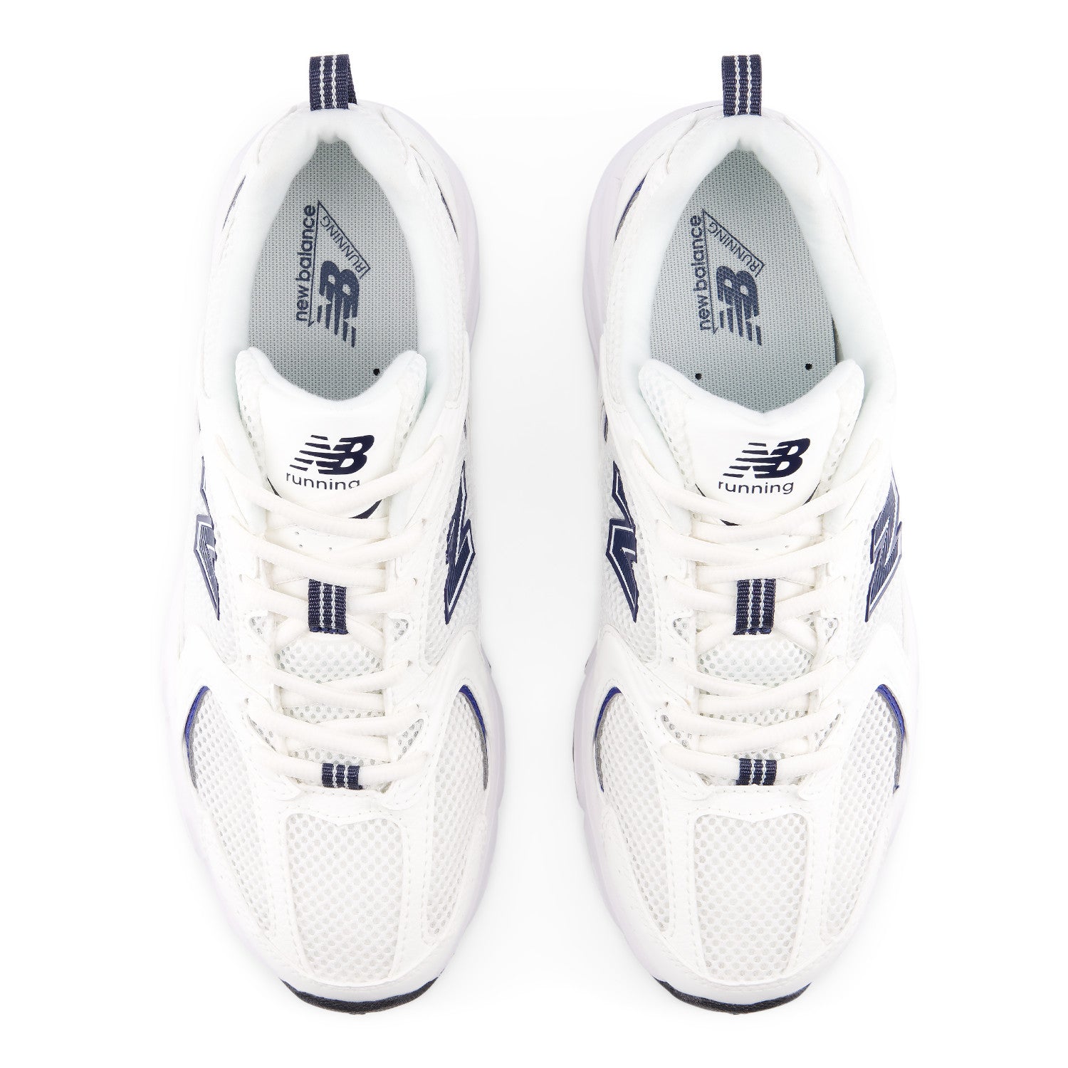 White running shoes with blue accents on a white background