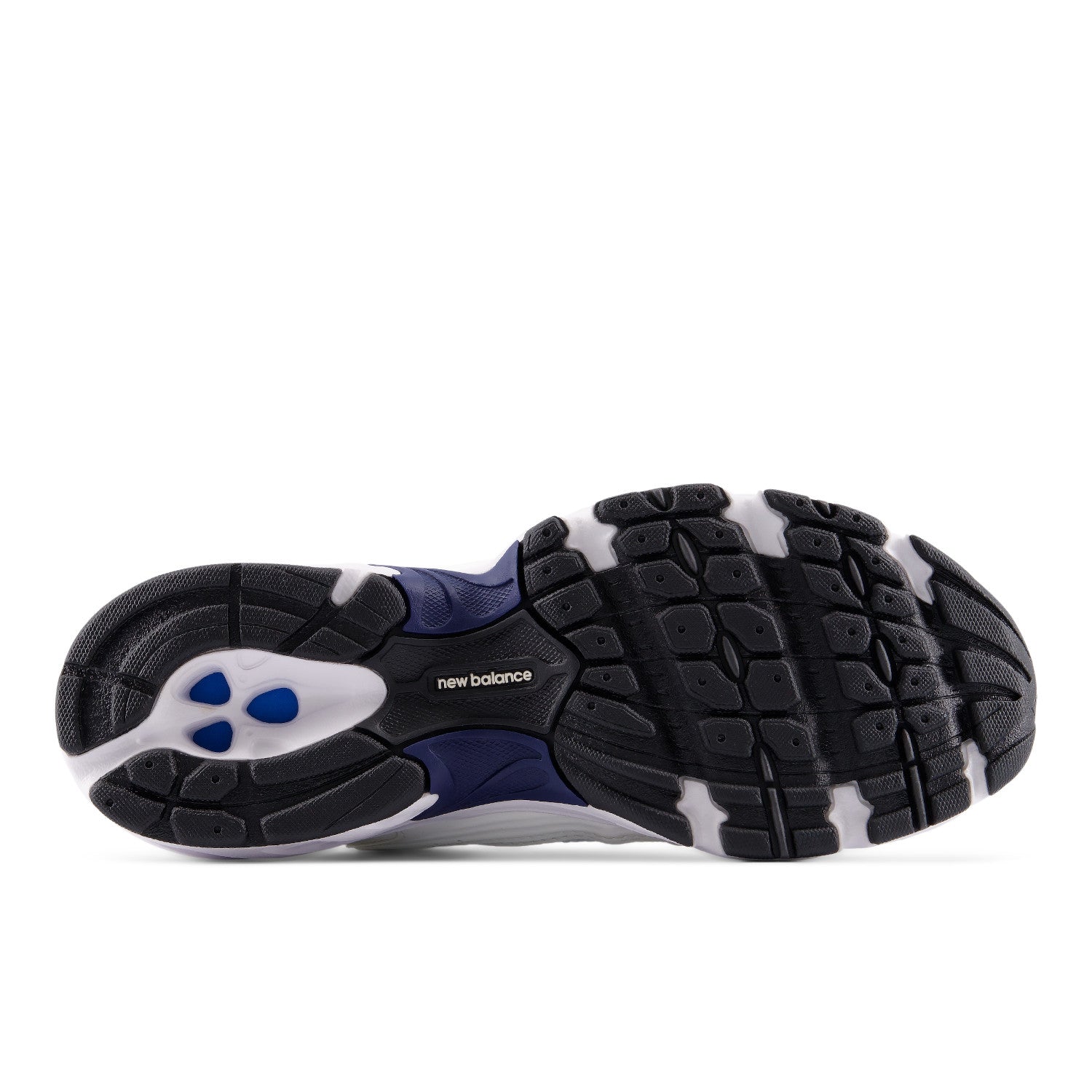 Sole of a New Balance shoe with black, blue, and white design on a white background