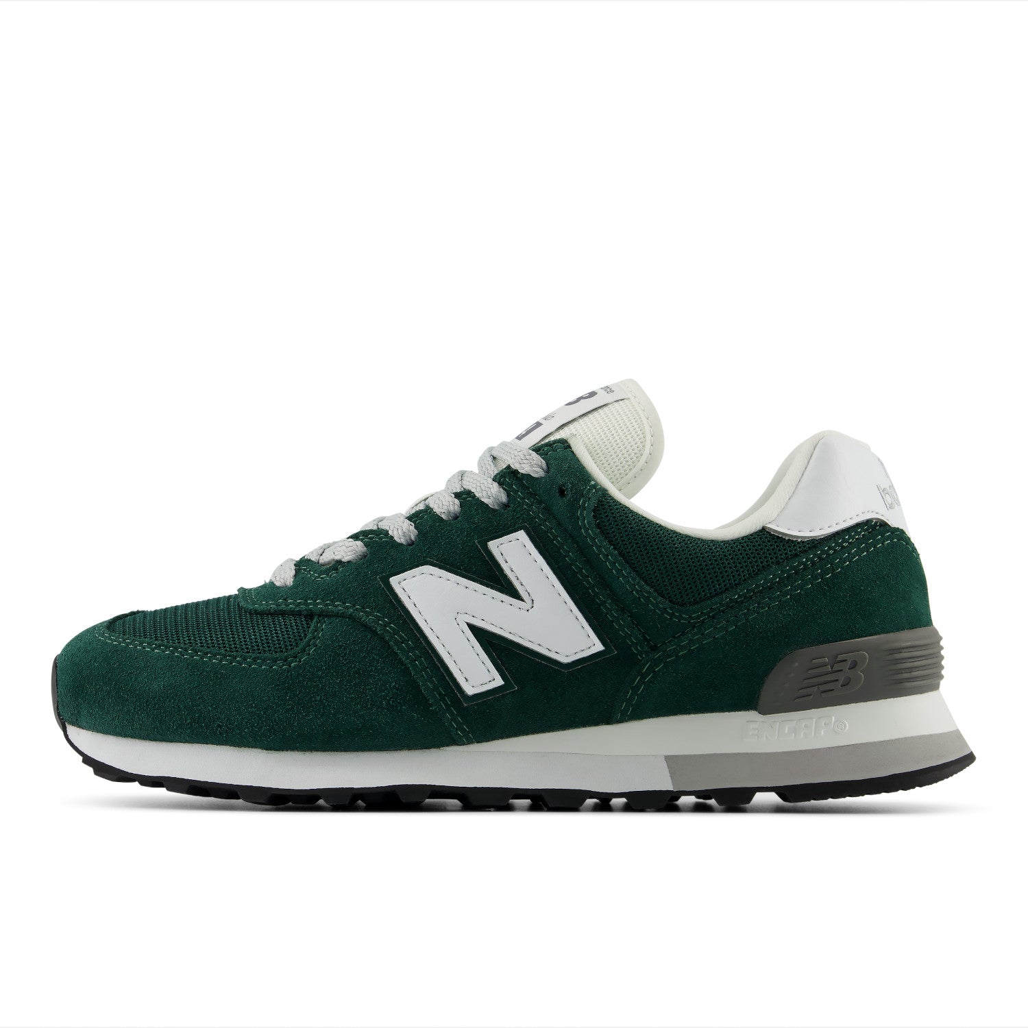A dark green New Balance sneaker with a white 'N' logo, white laces, and a white and gray midsole, shown from a side profile on a white background.