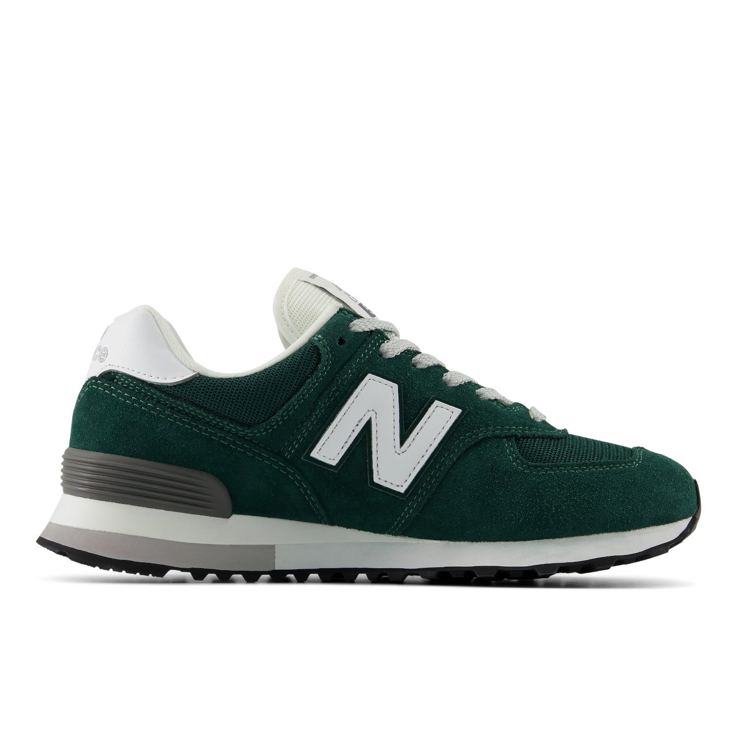 A dark green New Balance sneaker with a white 'N' logo, white laces, and a white and gray midsole, shown from a side profile on a white background.