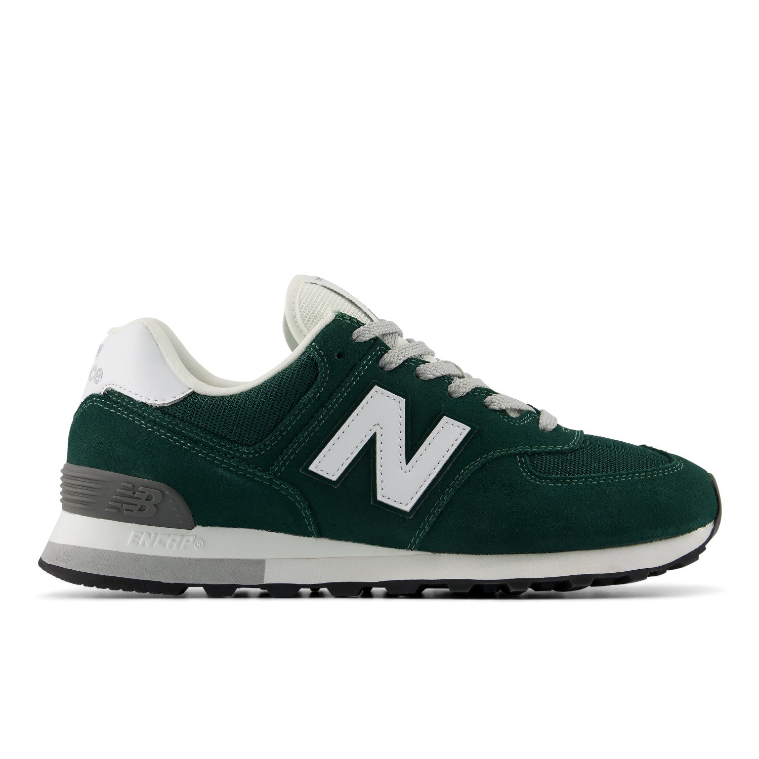 A dark green New Balance sneaker with a white 'N' logo, white laces, and a white midsole, shown from a side profile on a white background.