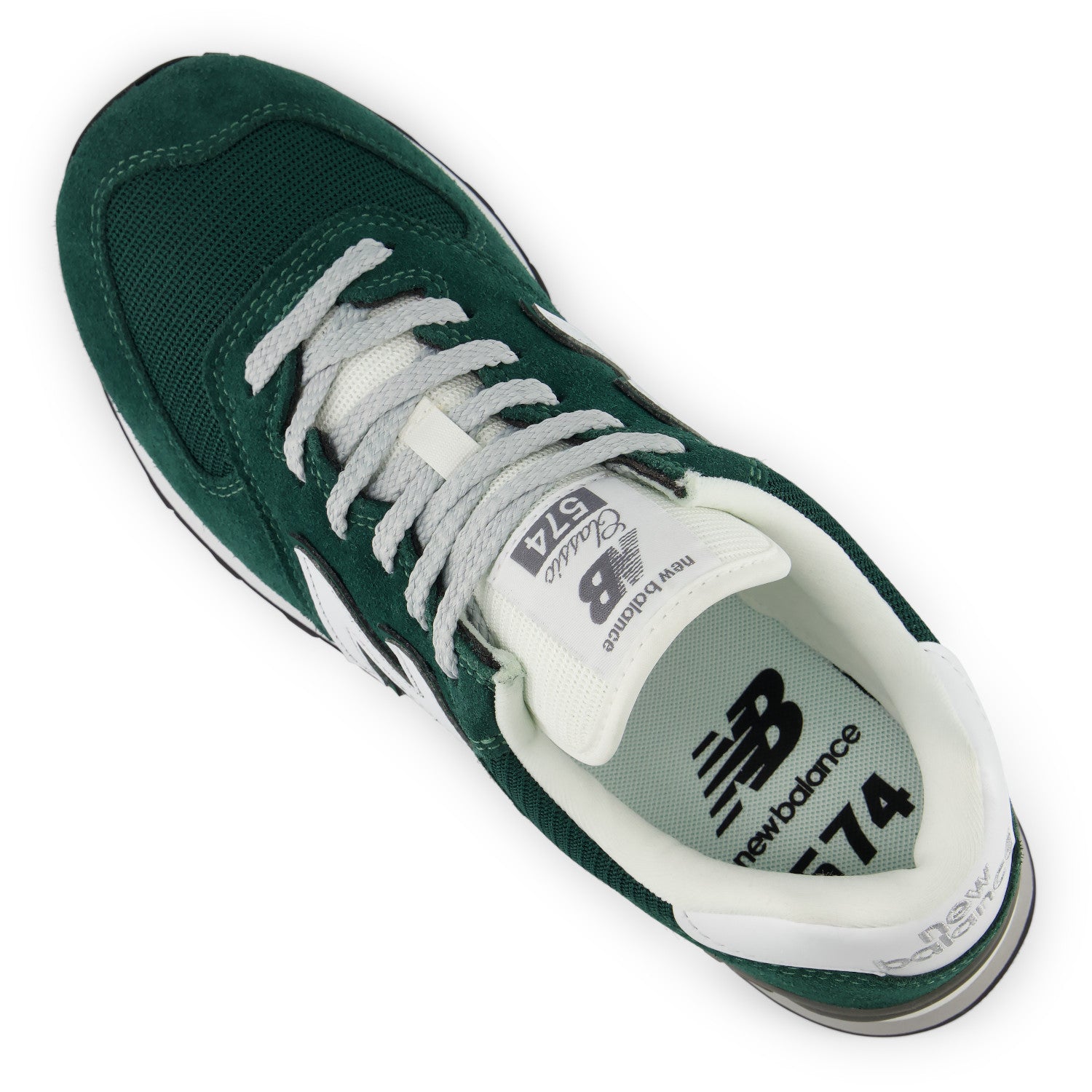 A dark green New Balance 574 sneaker with white laces and white side stripes, shown from a top-down angle on a white background.