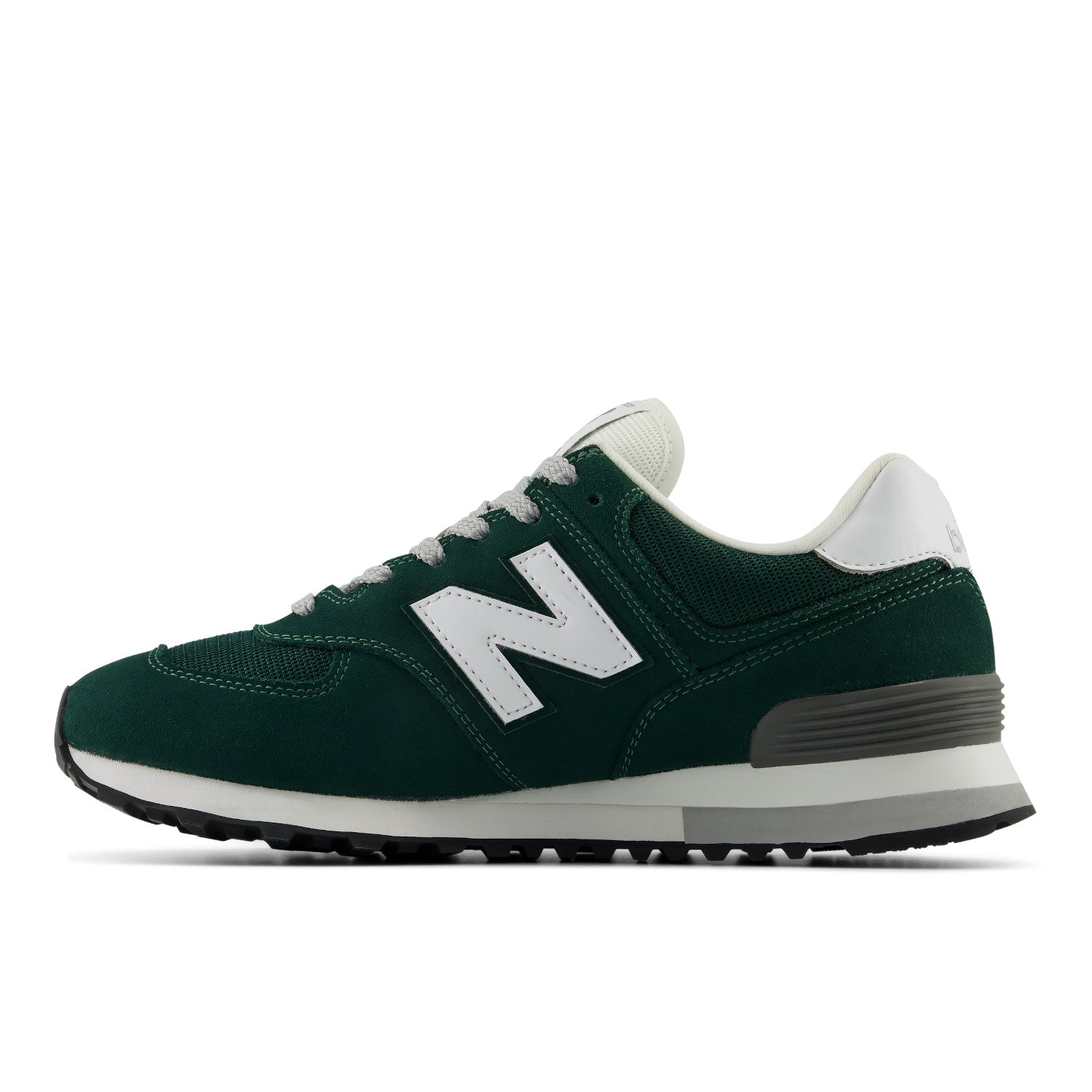 A dark green New Balance sneaker with a white 'N' logo, white laces, and a white and gray midsole, shown in a side profile on a white background.