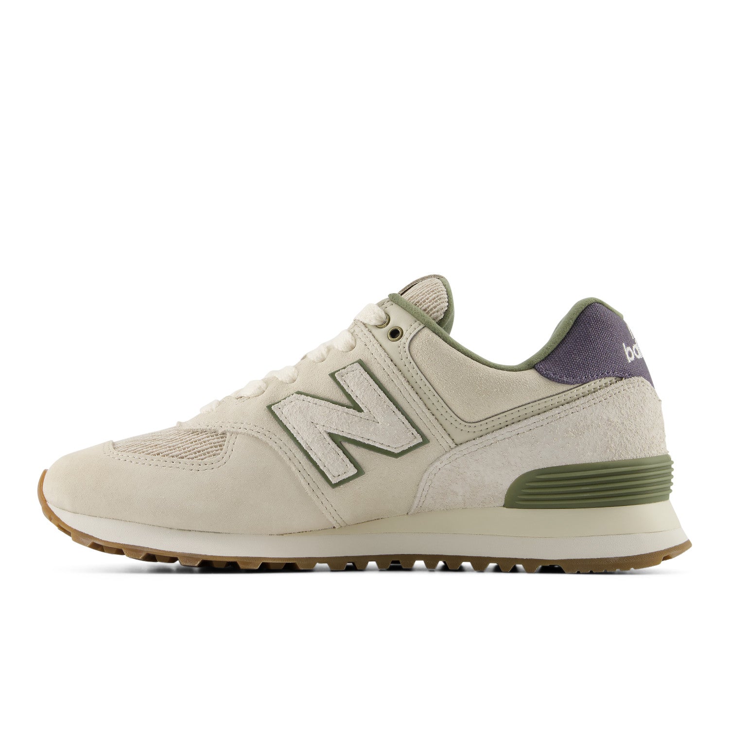 Beige sneaker with purple accents on a white background
