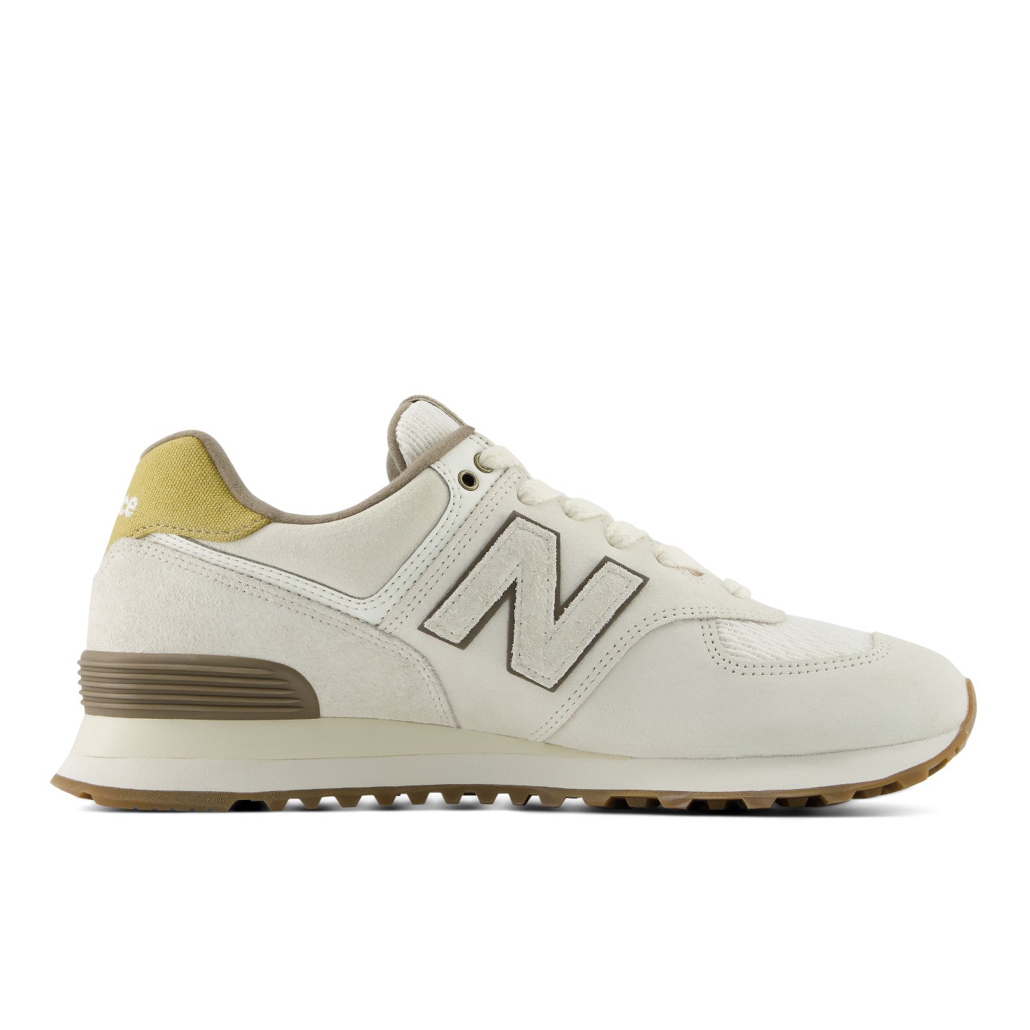 Beige sneaker with New Balance logo on a white background
