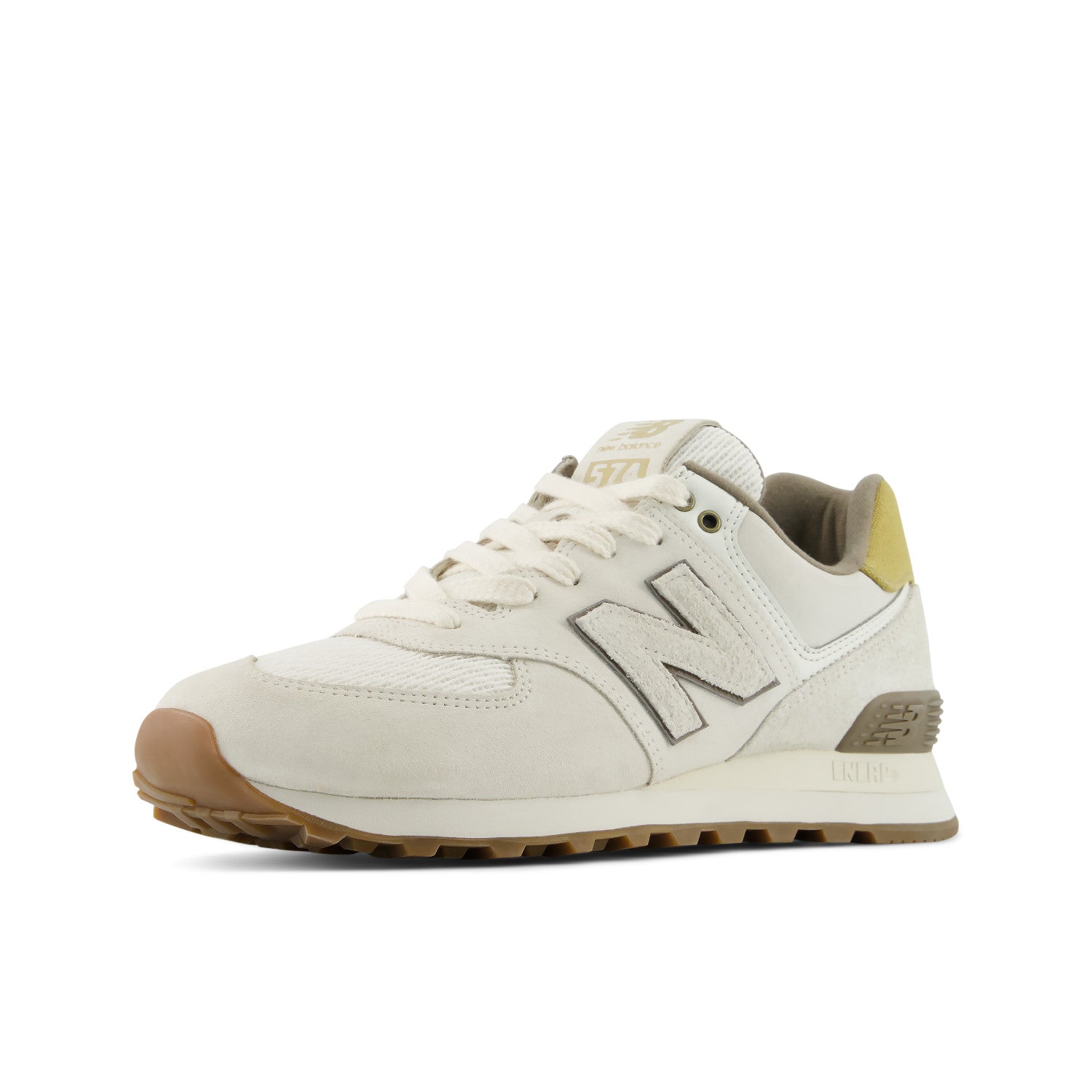 Beige sneaker with brown accents on a white background