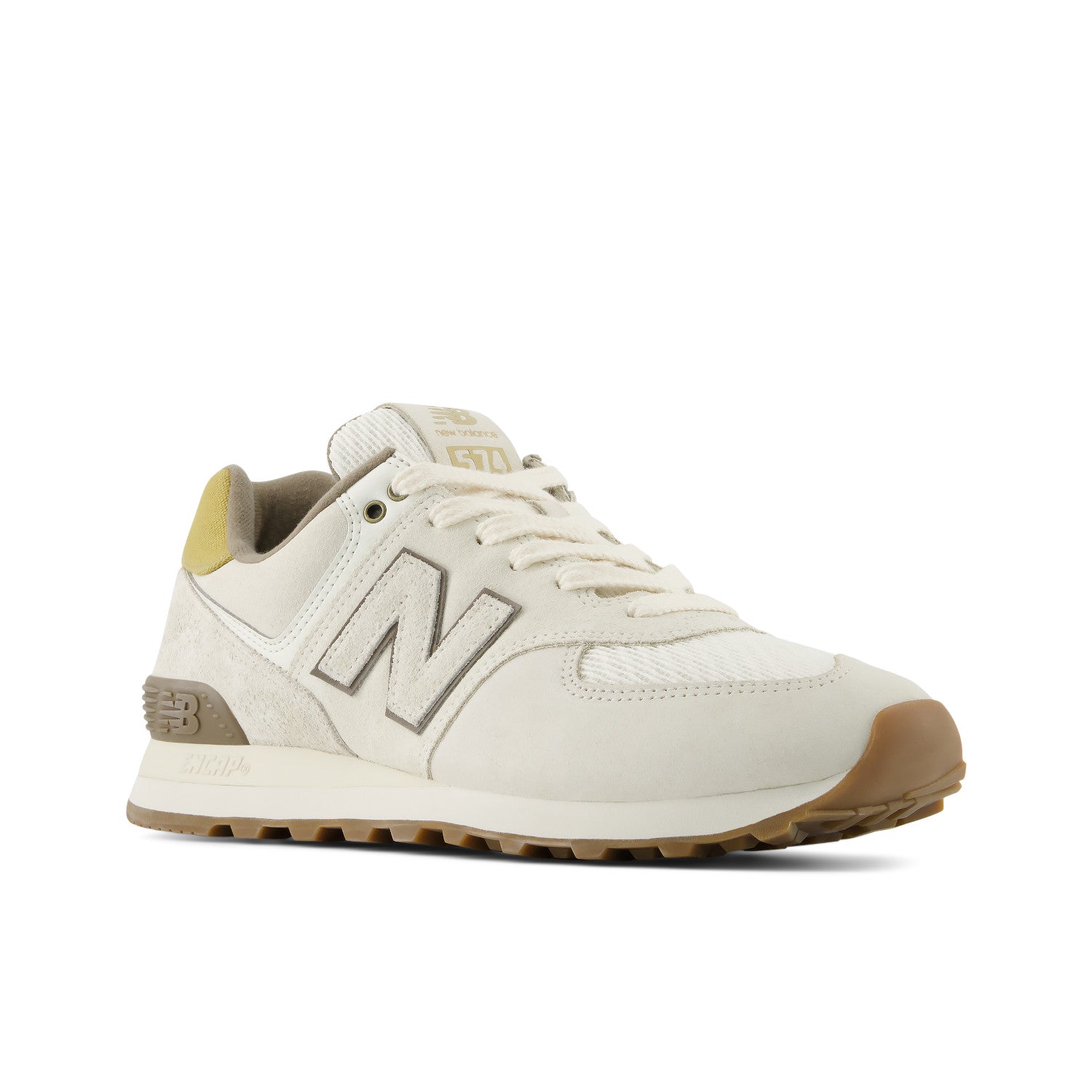 White sneaker with brown sole on a white background