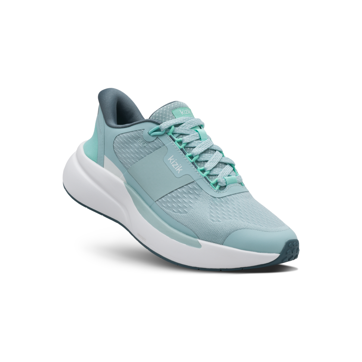 Teal running shoe on a black background