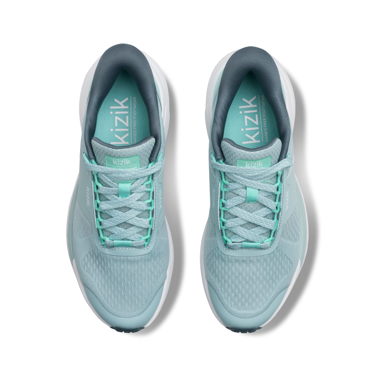 Pair of light blue running shoes with gray accents on a white background