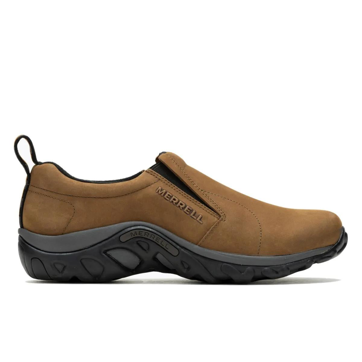 Brown slip-on shoe with black sole on a white background