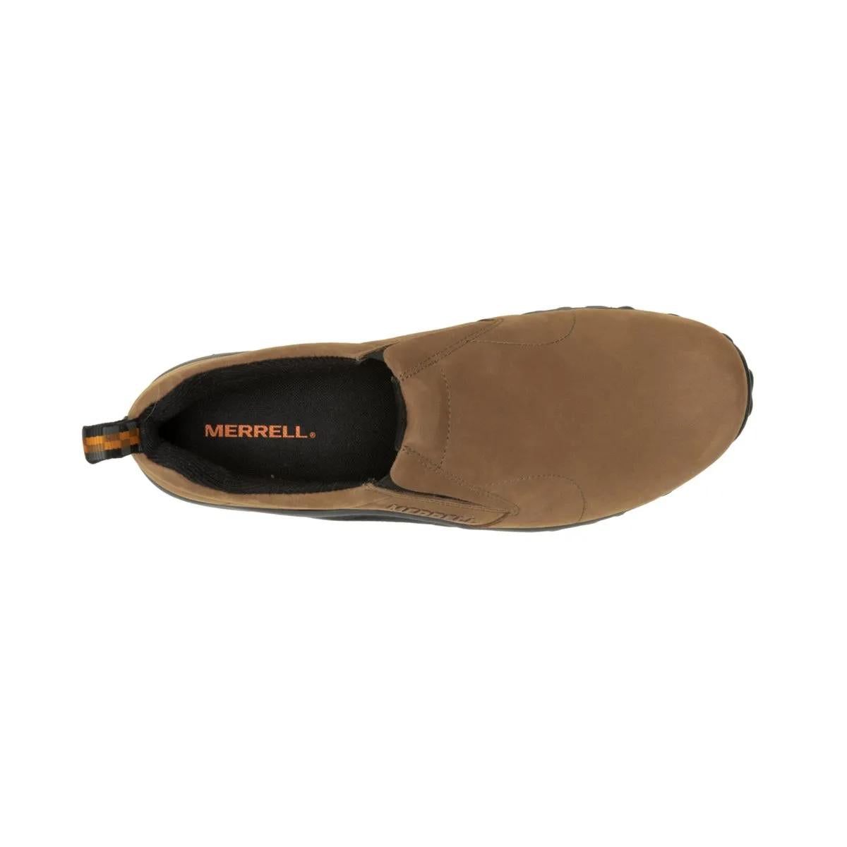 Brown slip-on shoe with 'Merrell' branding on a white background
