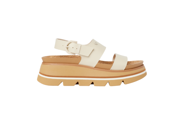 Beige sandals with white straps on a white background