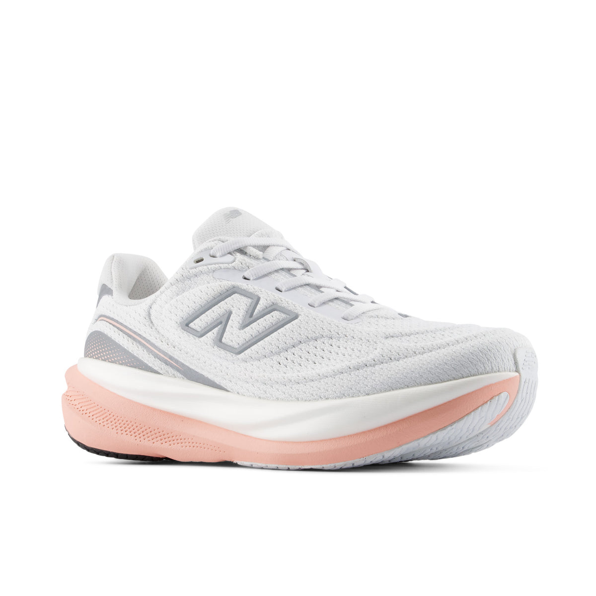 A New Balance running shoe in white and light gray with a distinctive peach-pink midsole accent, shown from a side profile on a white background.
