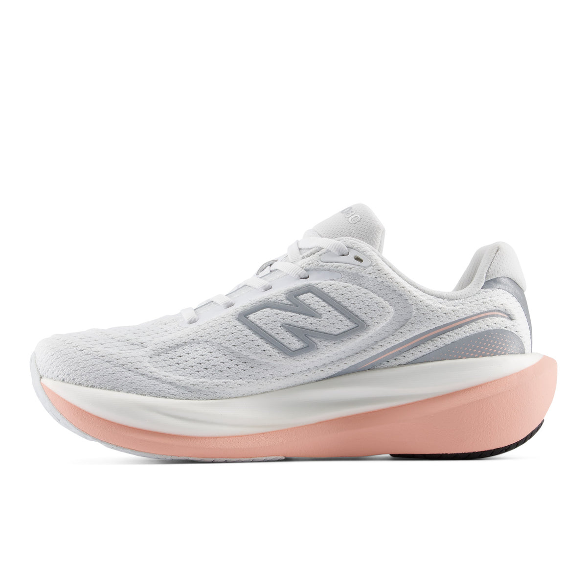 A New Balance running shoe in white and light gray with a prominent peach-pink midsole, shown from a side profile on a white background.