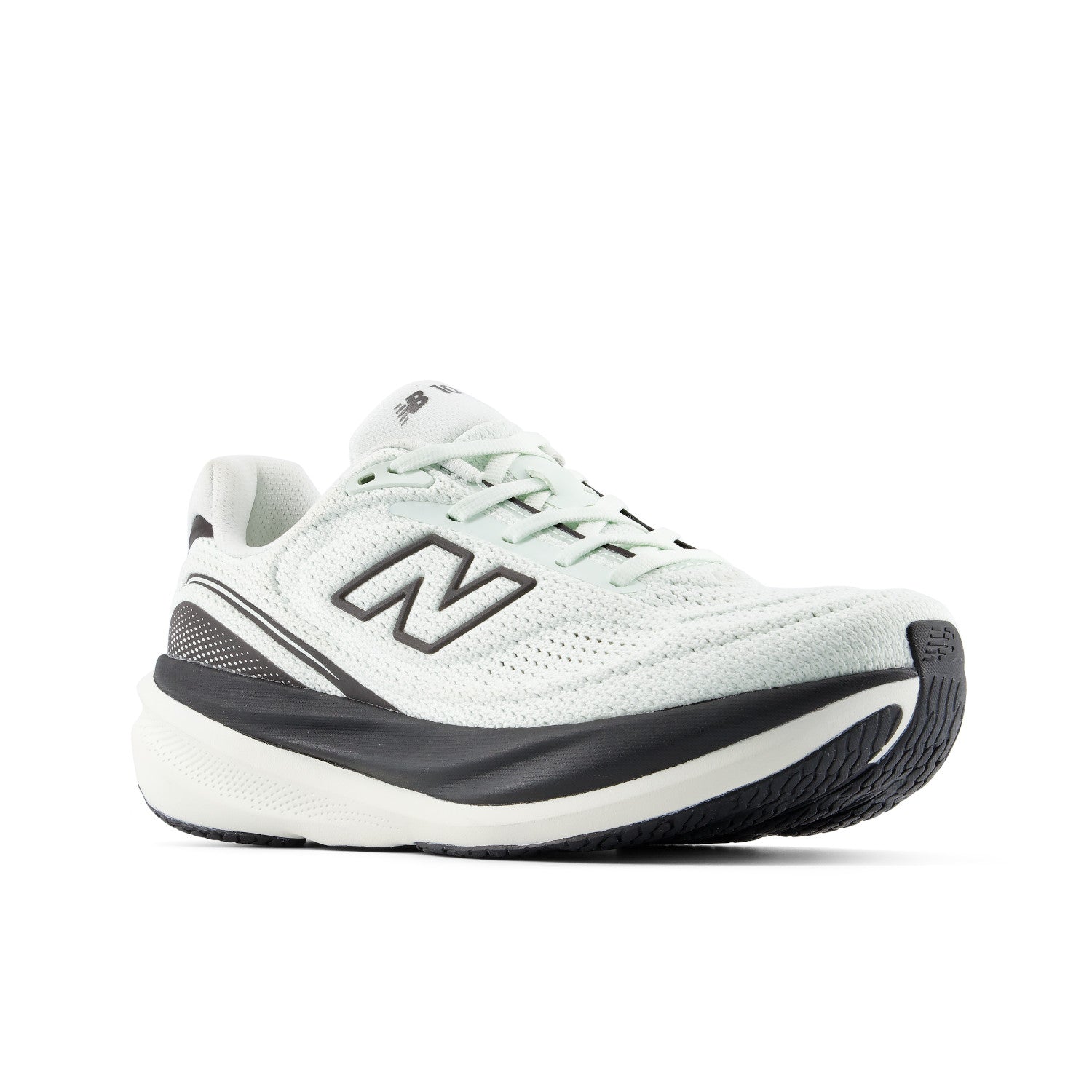 A New Balance running shoe in white and light mint green with black accents, shown from a side profile on a white background.
