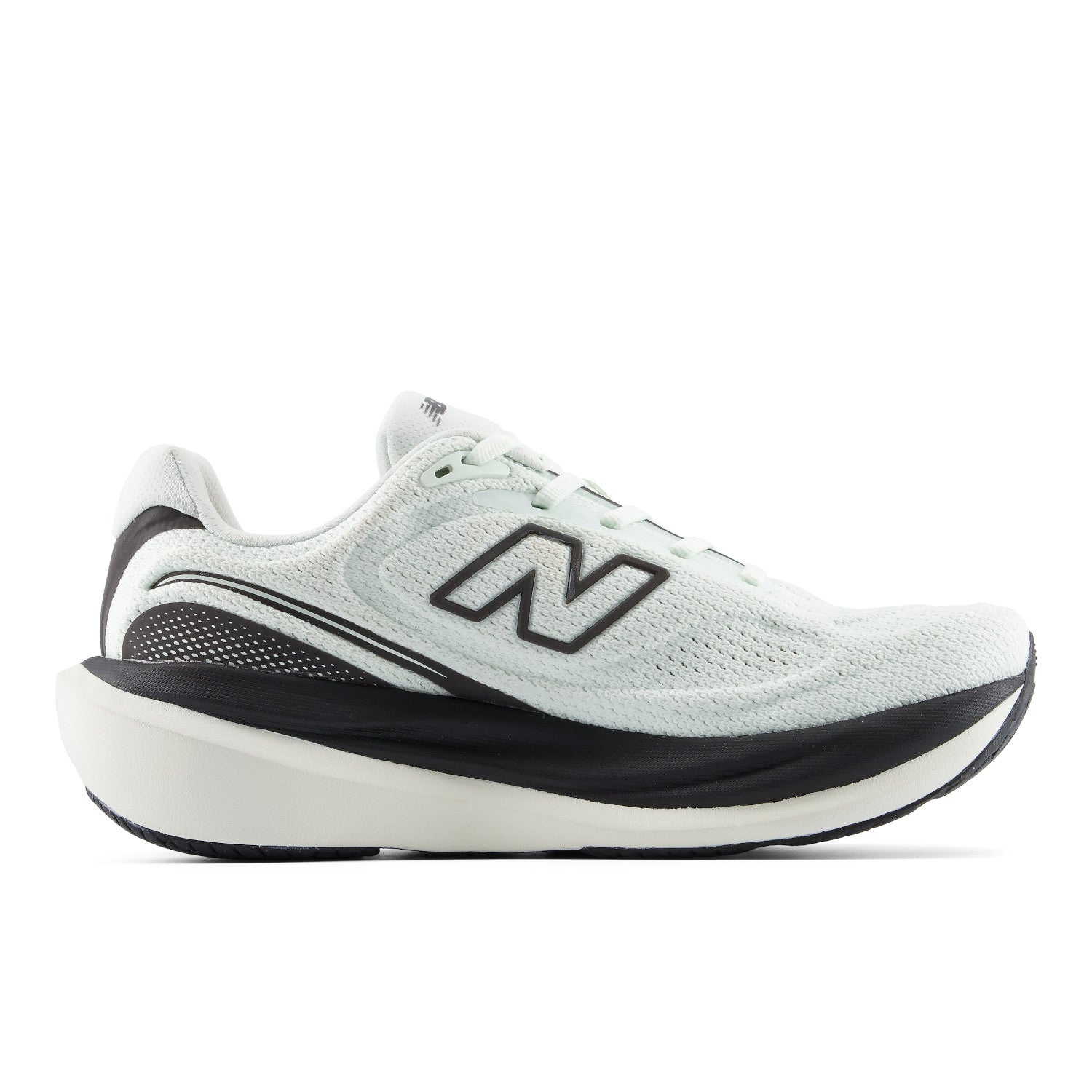 A New Balance running shoe in white and black, shown from a side profile view against a plain white background.