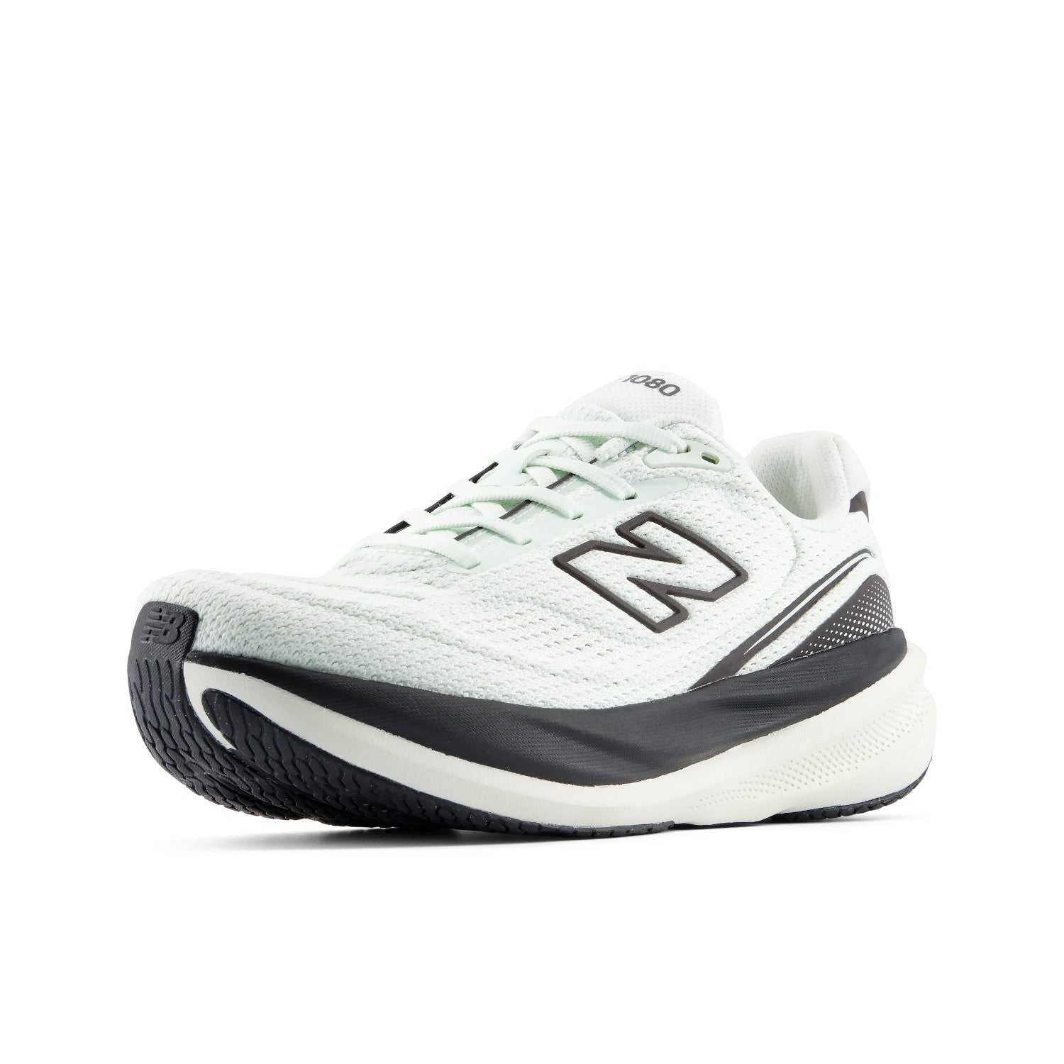 A New Balance running shoe in white and black, shown from a side profile view against a plain white background.