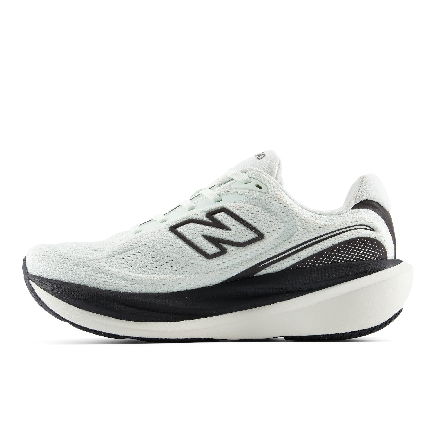 A New Balance running shoe in white and black, shown from a side profile view against a solid white background.