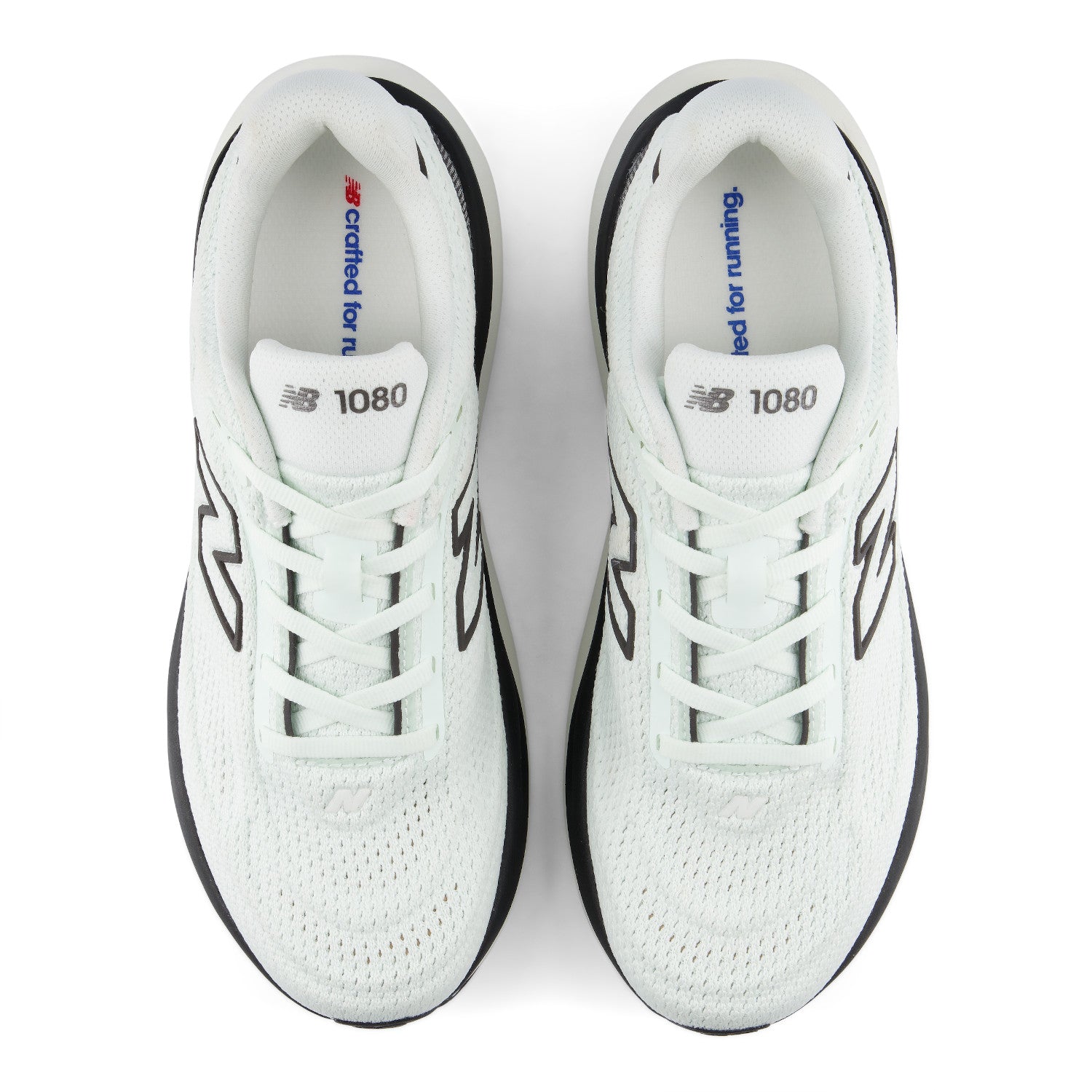 A pair of New Balance 1080 running shoes shown from a top-down view on a plain white background. The shoes are primarily white with black accents on the logo, outsole, and heel, and white laces.
