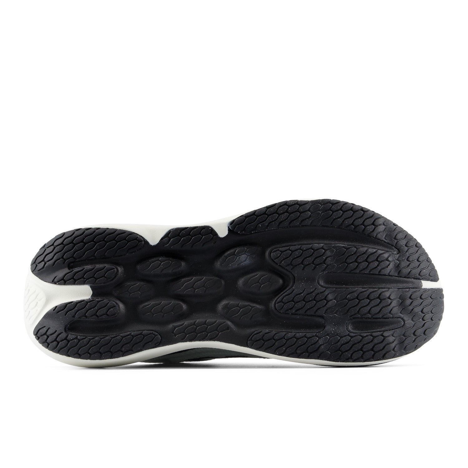 The black textured outsole of a running shoe, shown from a top-down view against a white background.