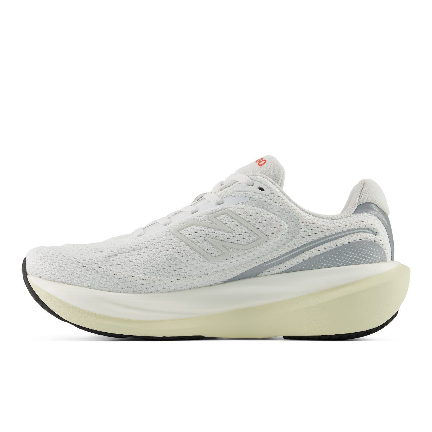 White running shoe with a light sole on a white background