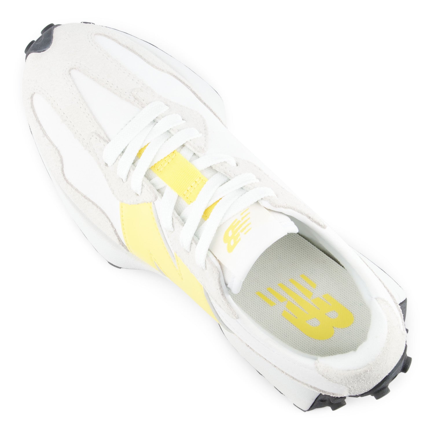 White sneaker with yellow accents on a white background