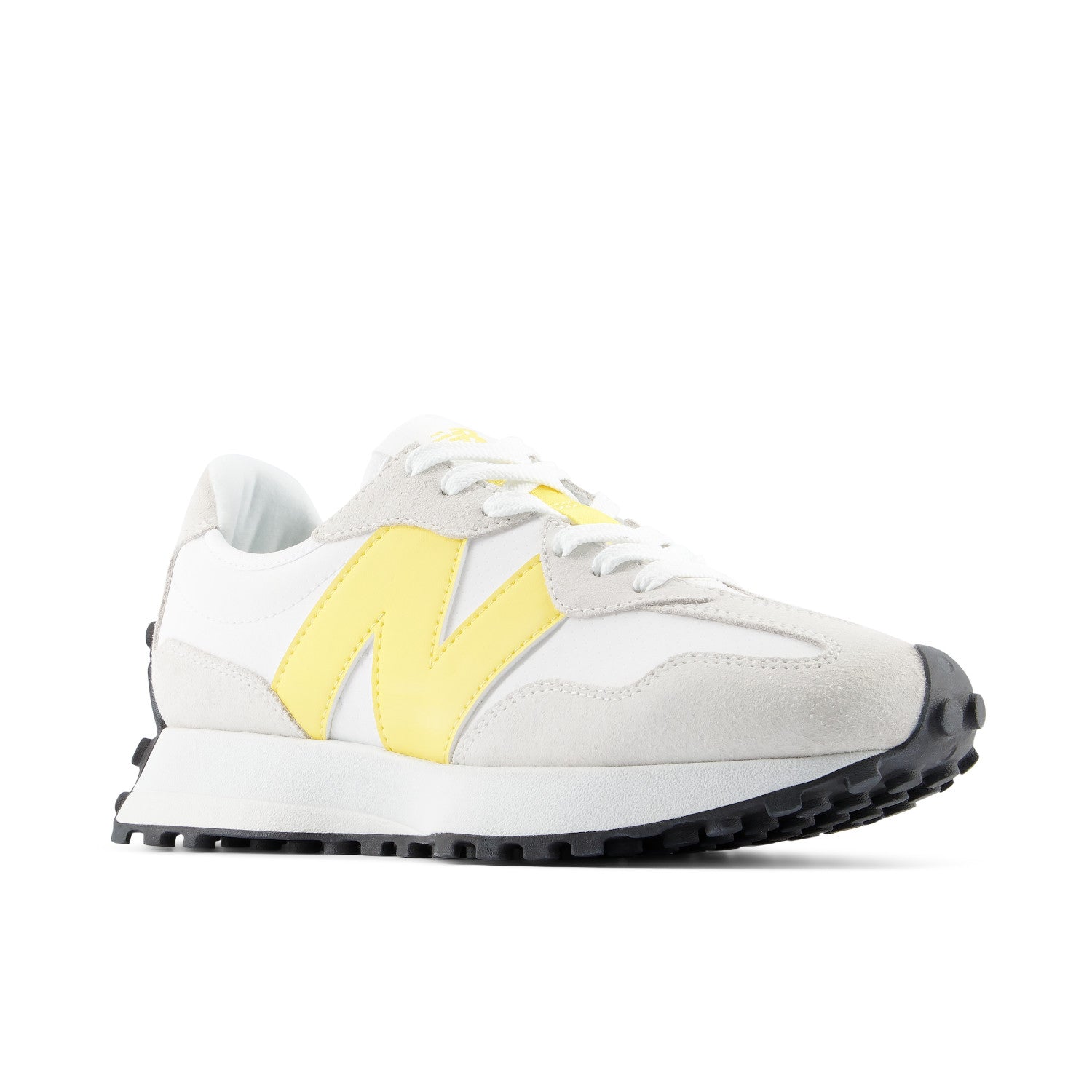 White sneaker with yellow accents on a white background