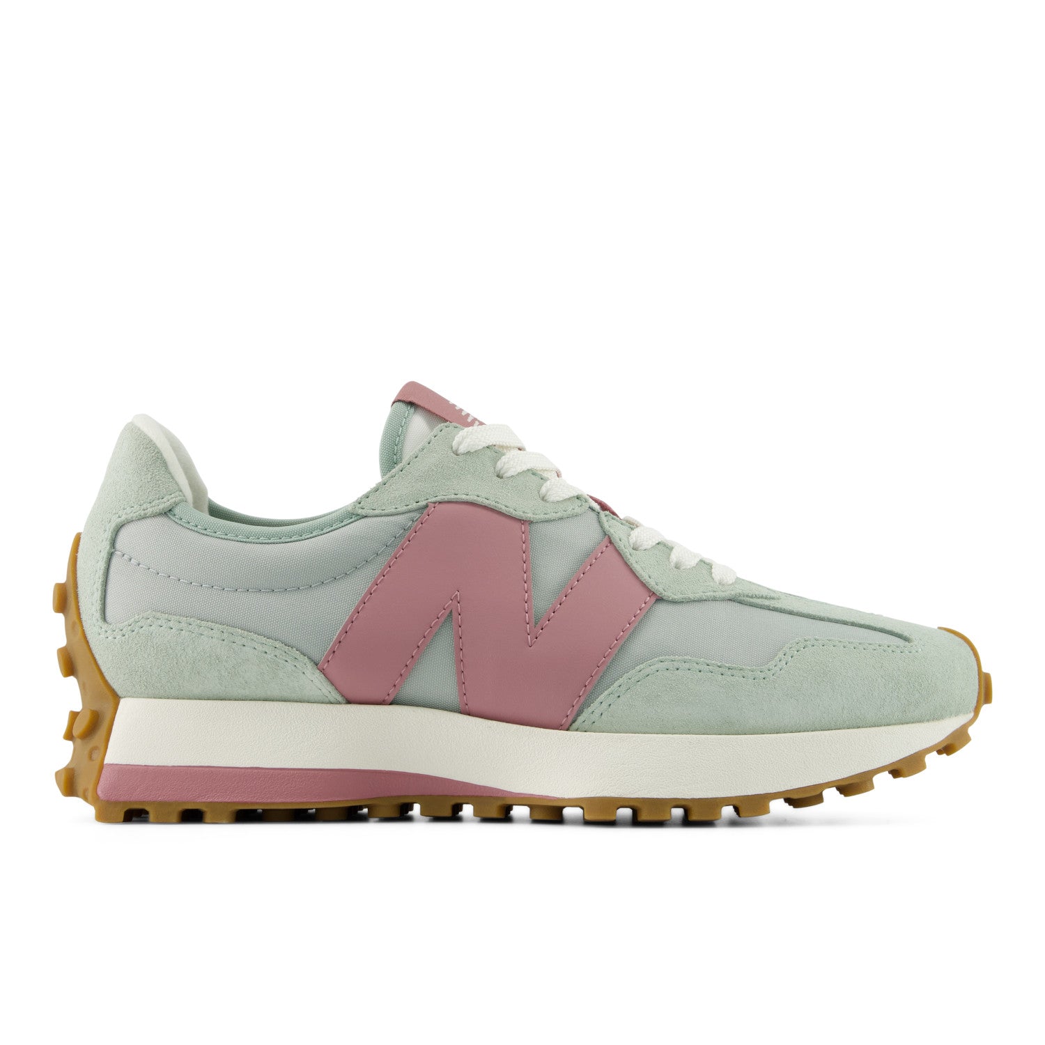 Light blue and pink sneaker with a white sole on a white background