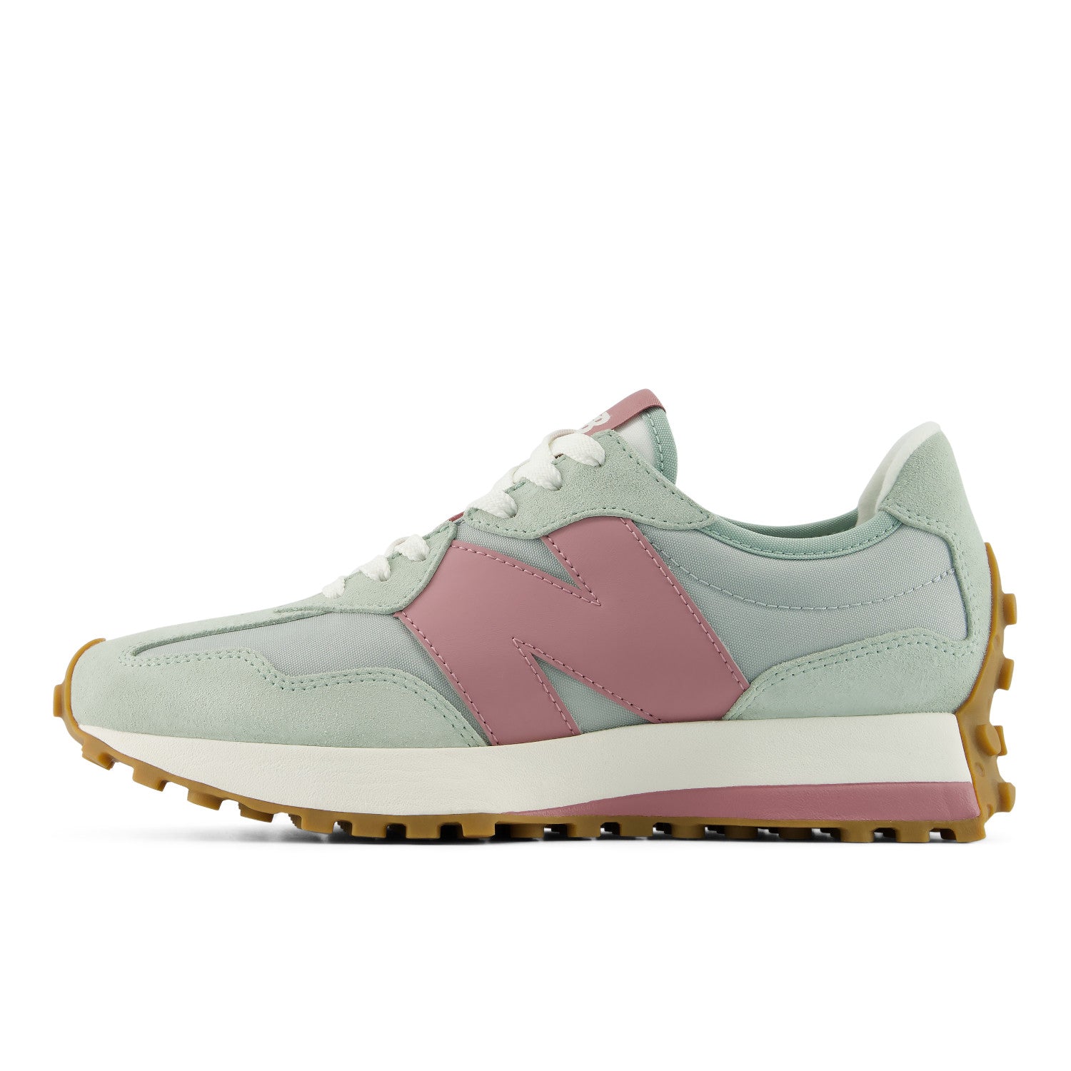 Light blue and pink sneaker with a white sole on a white background