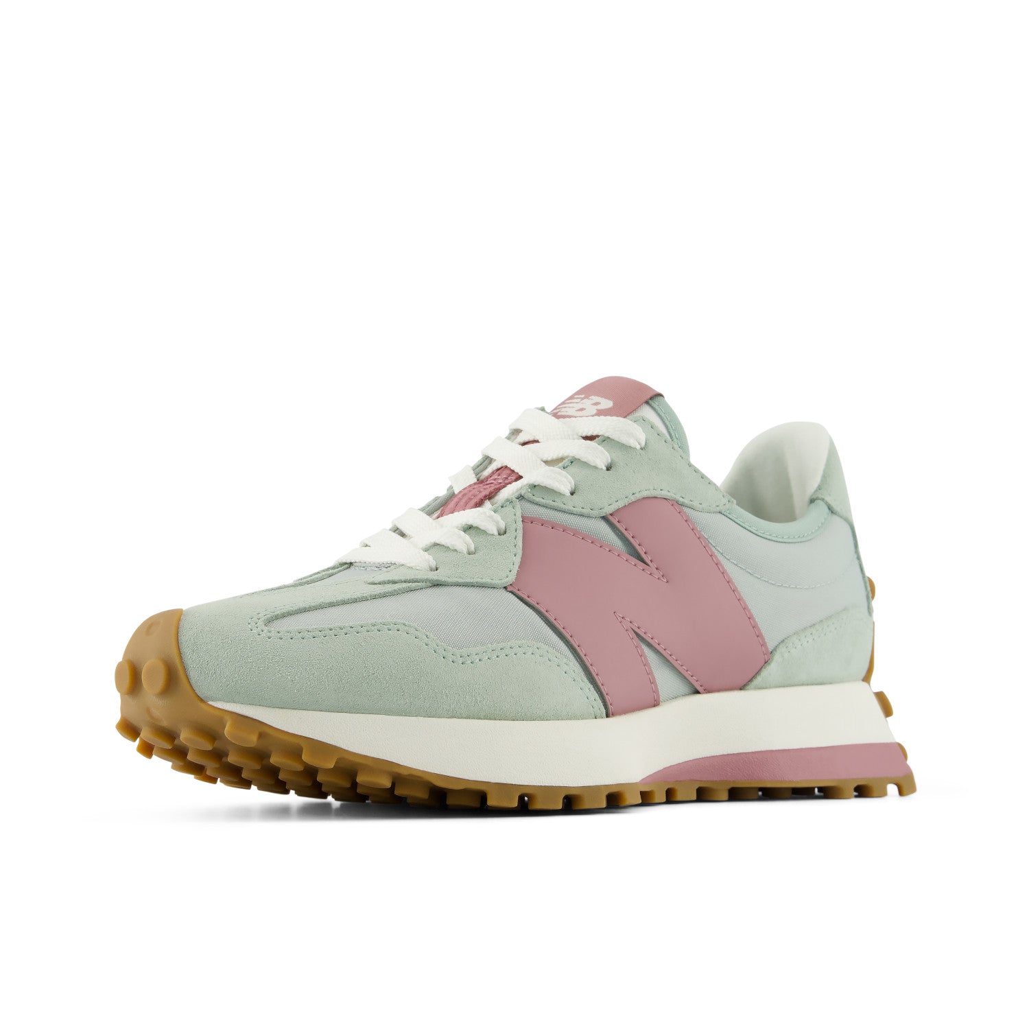 Sneaker with pink and beige design on a white background