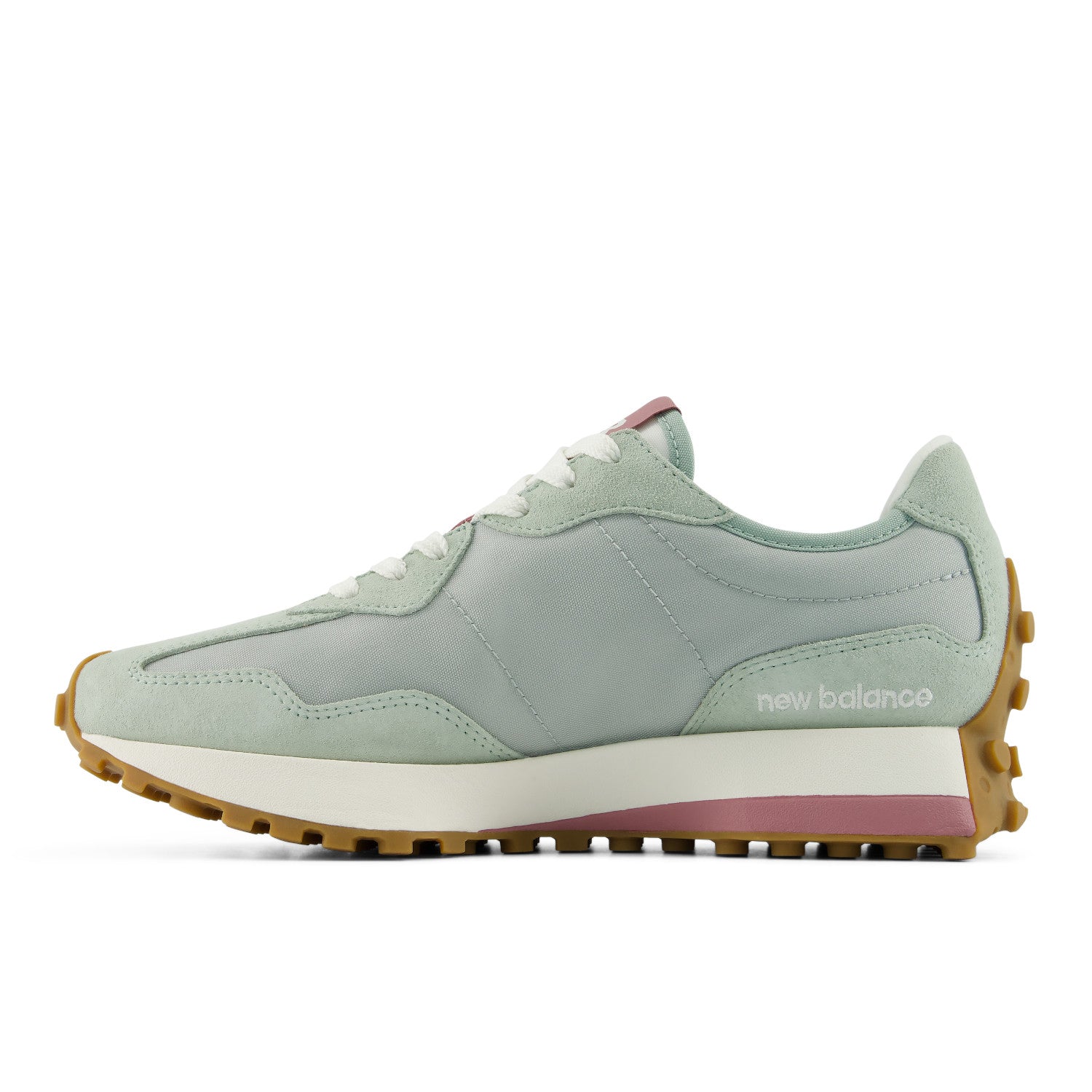 Light blue sneaker with brown sole on a white background
